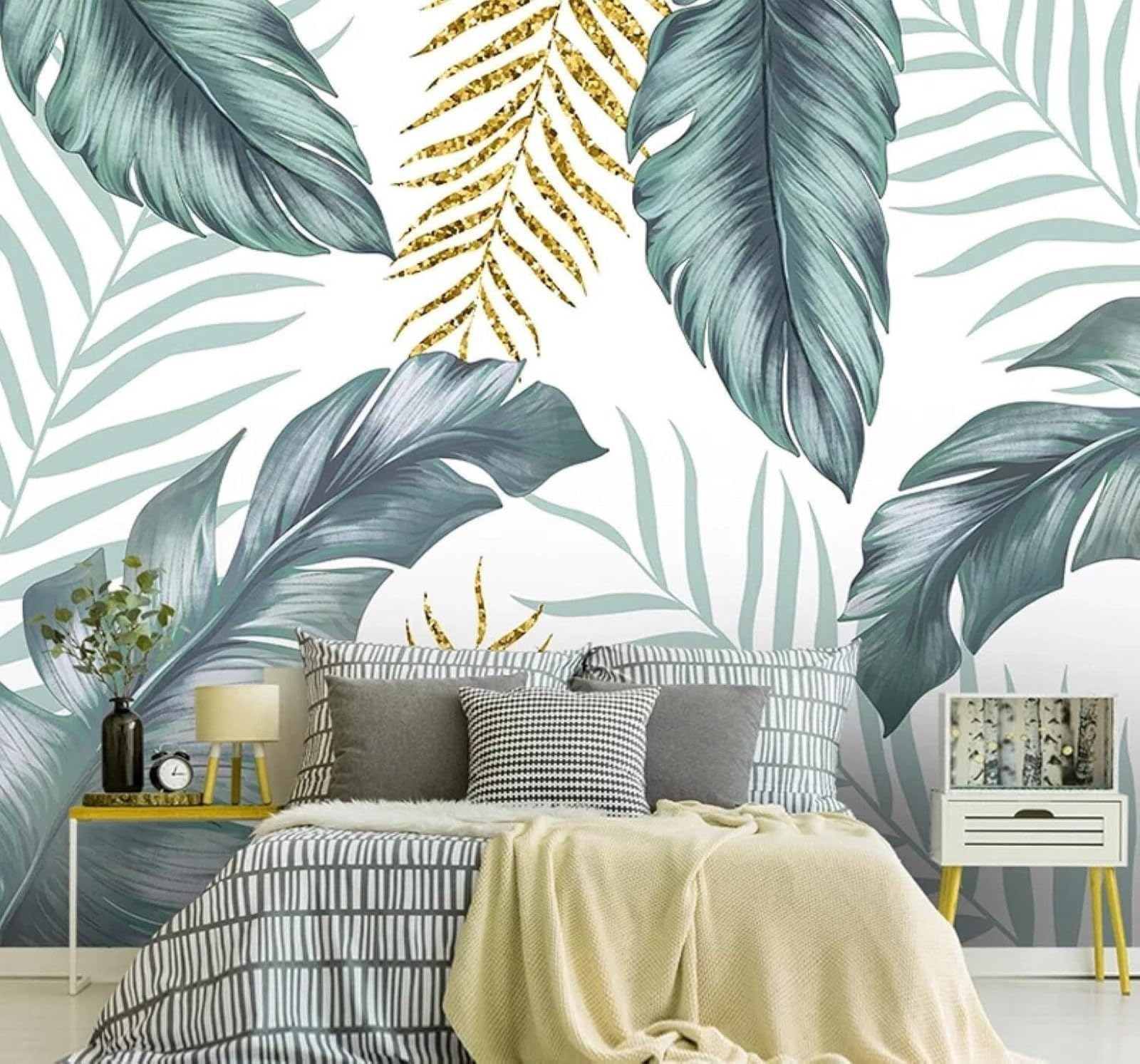 Tzxztt Minimalist Fresh Green Banana Leaves Gold Leaves Modern 3D Wallpaper Premium Textured Silk Neutral Tones Material Ideal for Living Room Bedroom-250cm×170cm