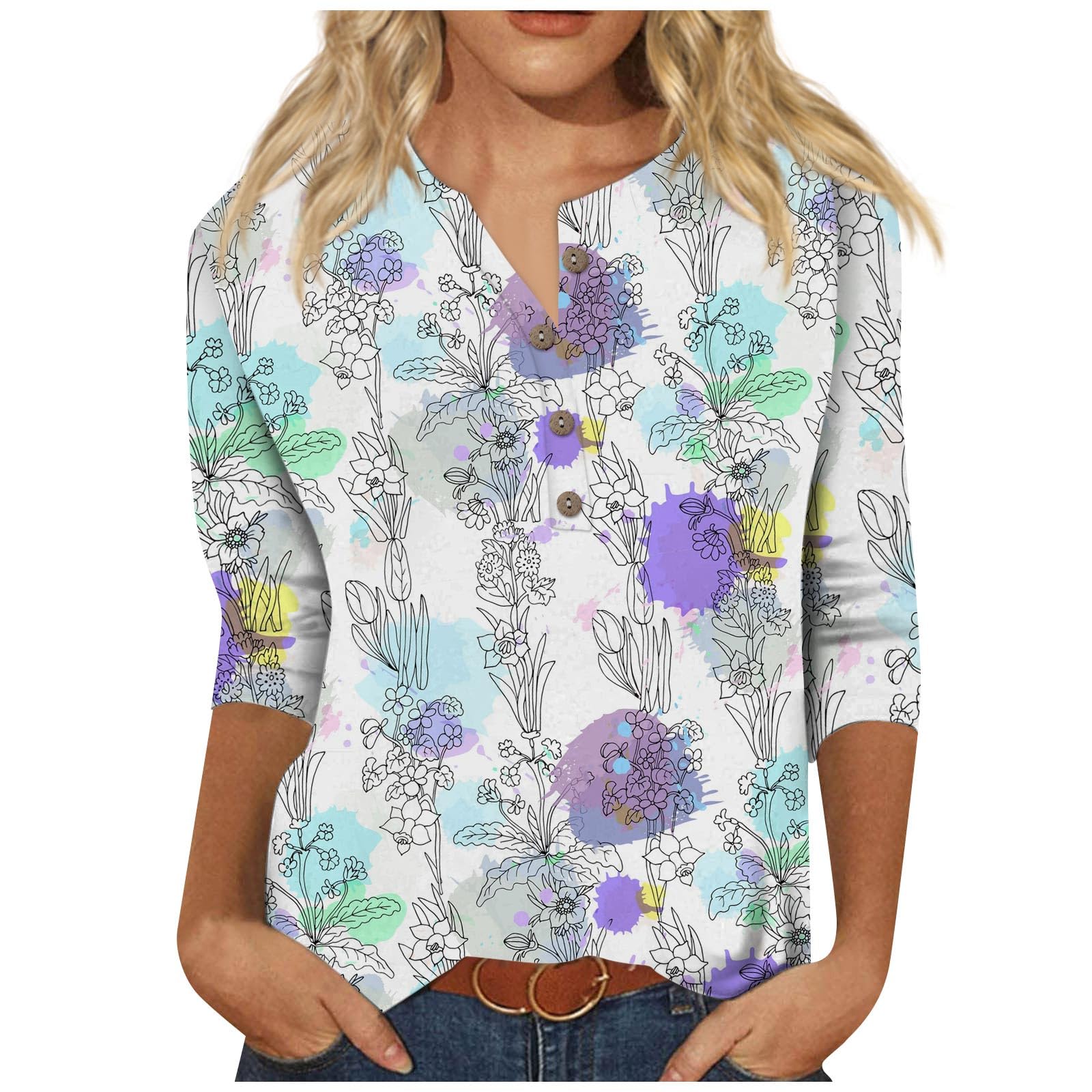 Nadition 3/4 Length Sleeve Womens Tops Blouses for Women Button Shirts 3/4 Sleeve Shirts Print Graphic Button Crew NeckTee