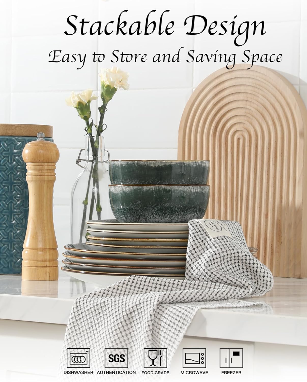 Sweejar Dinnerware Sets Service for 4, 12 pcs Porcelain Plates and Bowls for Kitchen, Housewaring Gift, Chip and Scratch Resistant Dish Set, Handmade Dishwasher and Microwave Safe Plate Set, DarkGray