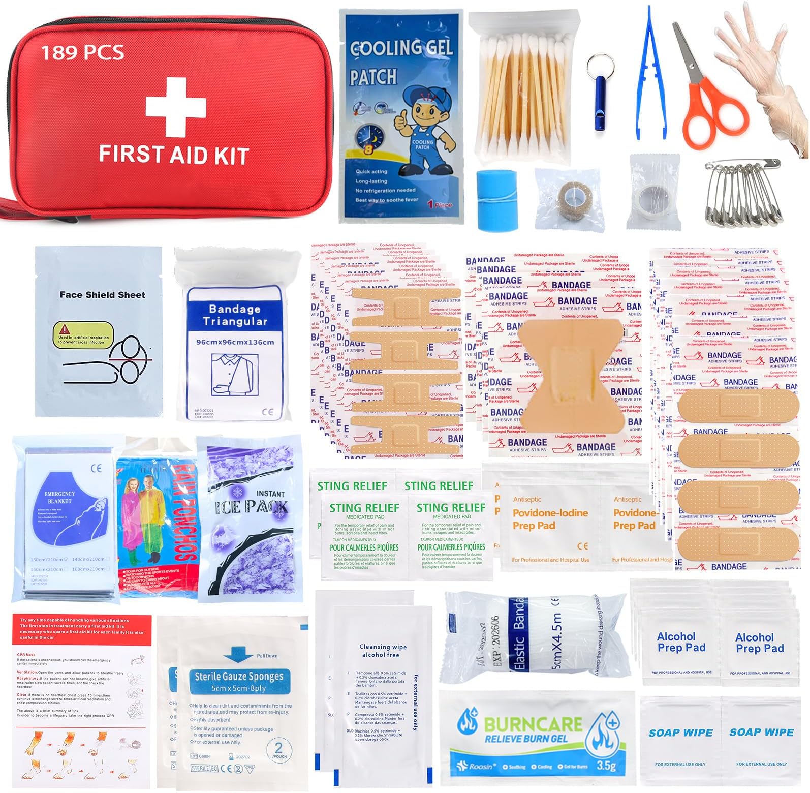 First Aid Kit - 189 Piece Mini Emergency Kits for Car, Basic Outdoor Essentials Survival Trauma Kit Bag, Small Travel Medicine Kit for Home, Sports, Boat, Vehicle, Office, Camping, Hiking
