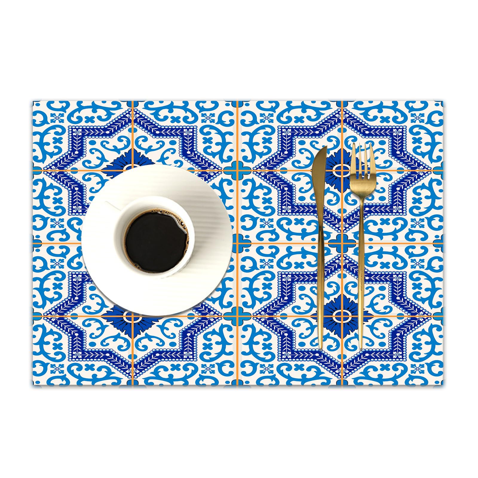 DASNK Table Mats Set of 4 Woven Vinyl Place Mats for Dinner Table Washable & Durable Indoor/Outdoor Use Table Accessories,Gorgeous pattern from dark blue and white Moroccan Portuguese tiles A,12x18in