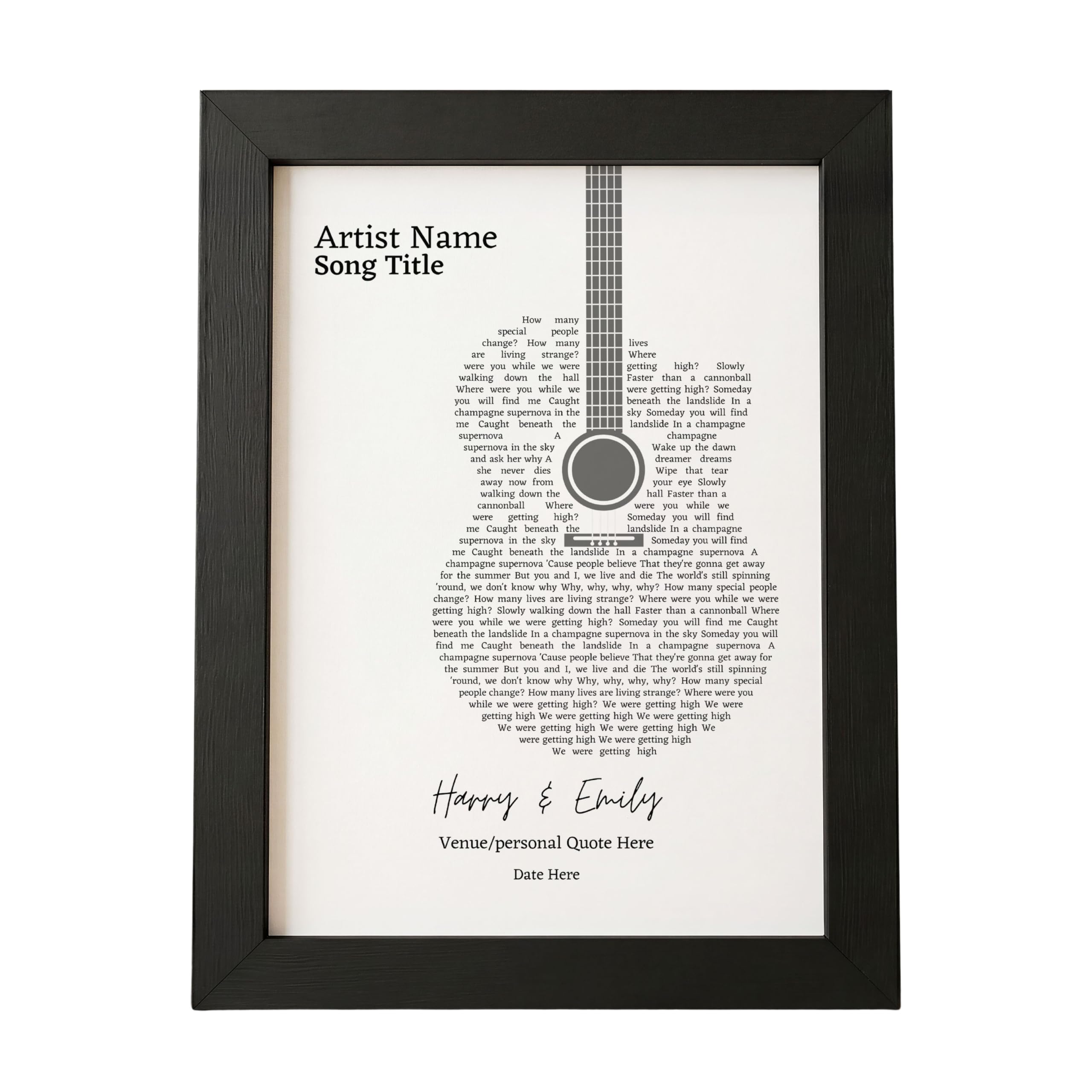 Pretty Unique Prints Personalised Song Lyrics Guitar Print, Concert Festival Keepsake for Couples, Custom Music Gift for Boyfriend Girlfriend Husband Wife — image 1