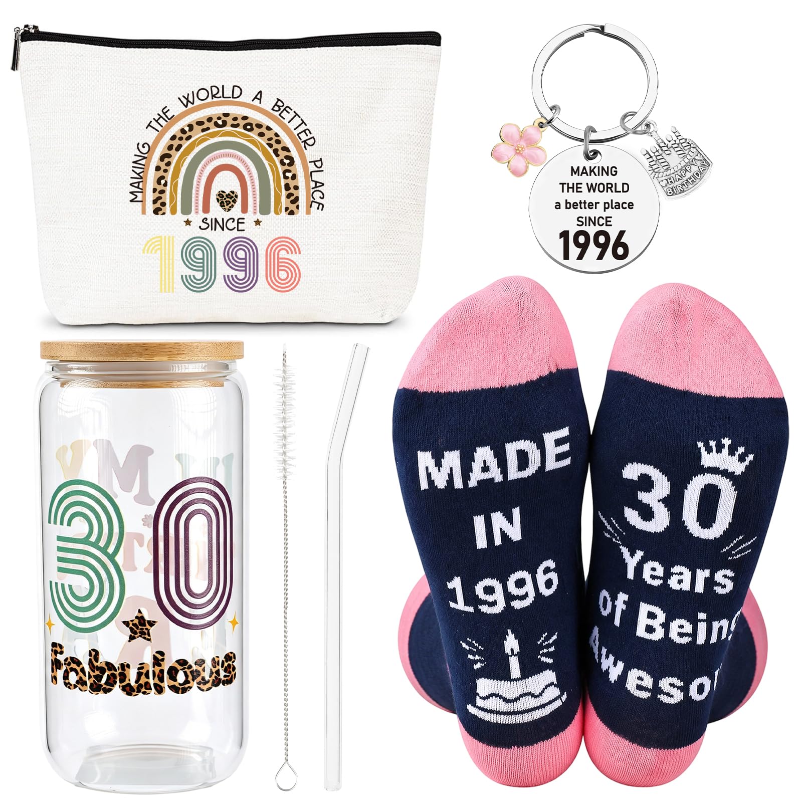 JoyAura 30th Birthday Gifts Women Glass Tumbler Makeup Bag Socks