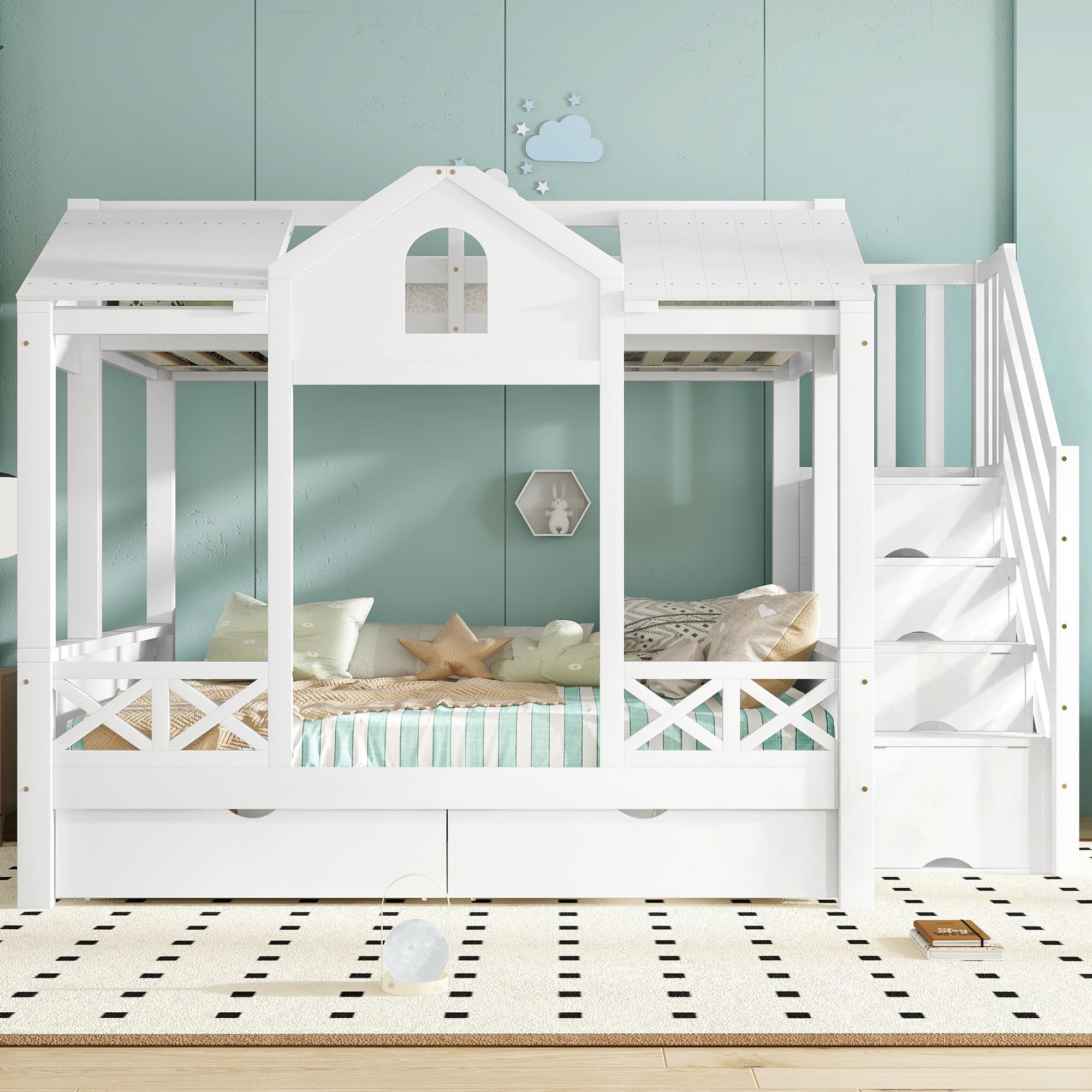 Letto a Castello per Bambini 90x200cm e 140x200cm, Letto Matrimoniale con Scala Contenitore e 2 Cassetti, Belle Finestre e Tetto, Strutture letto in Pino, Bianco(Senza materasso)