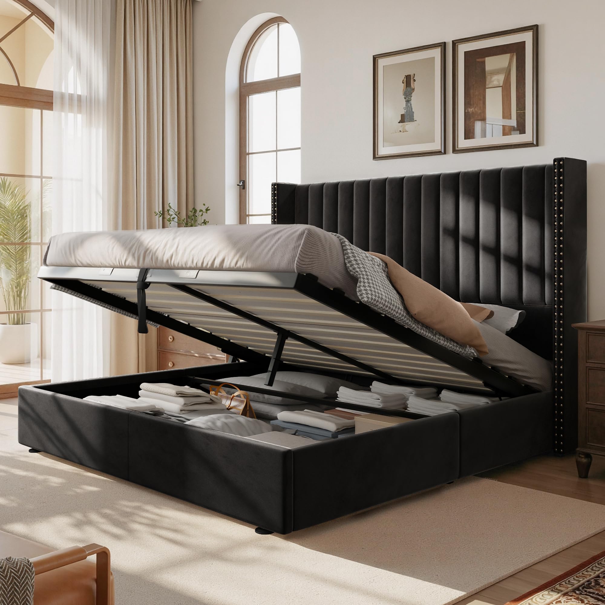 Upholstered Queen Size Lift up Storage Bed Frame, Platform Bed Velvet with Channel Tufted Wingback Headboard, No Box Spring Needed, Black