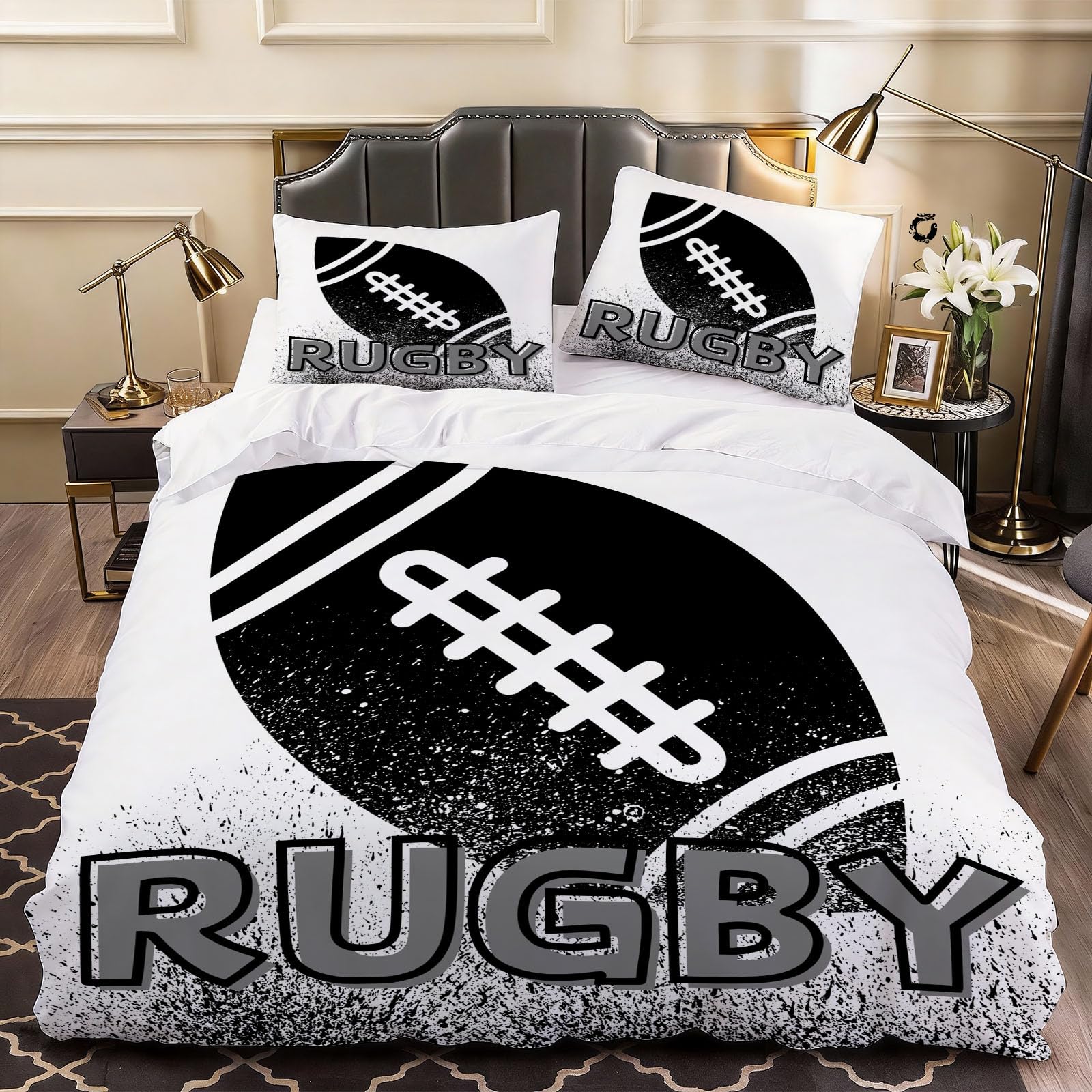 3D Rugby Duvet Cover Teenagers Bedding Single Bed Set, Soft Microfiber Comforter Cover Printed with Zipper Closure Quilt Coverr 135x200 cm and 2 Pillowcases