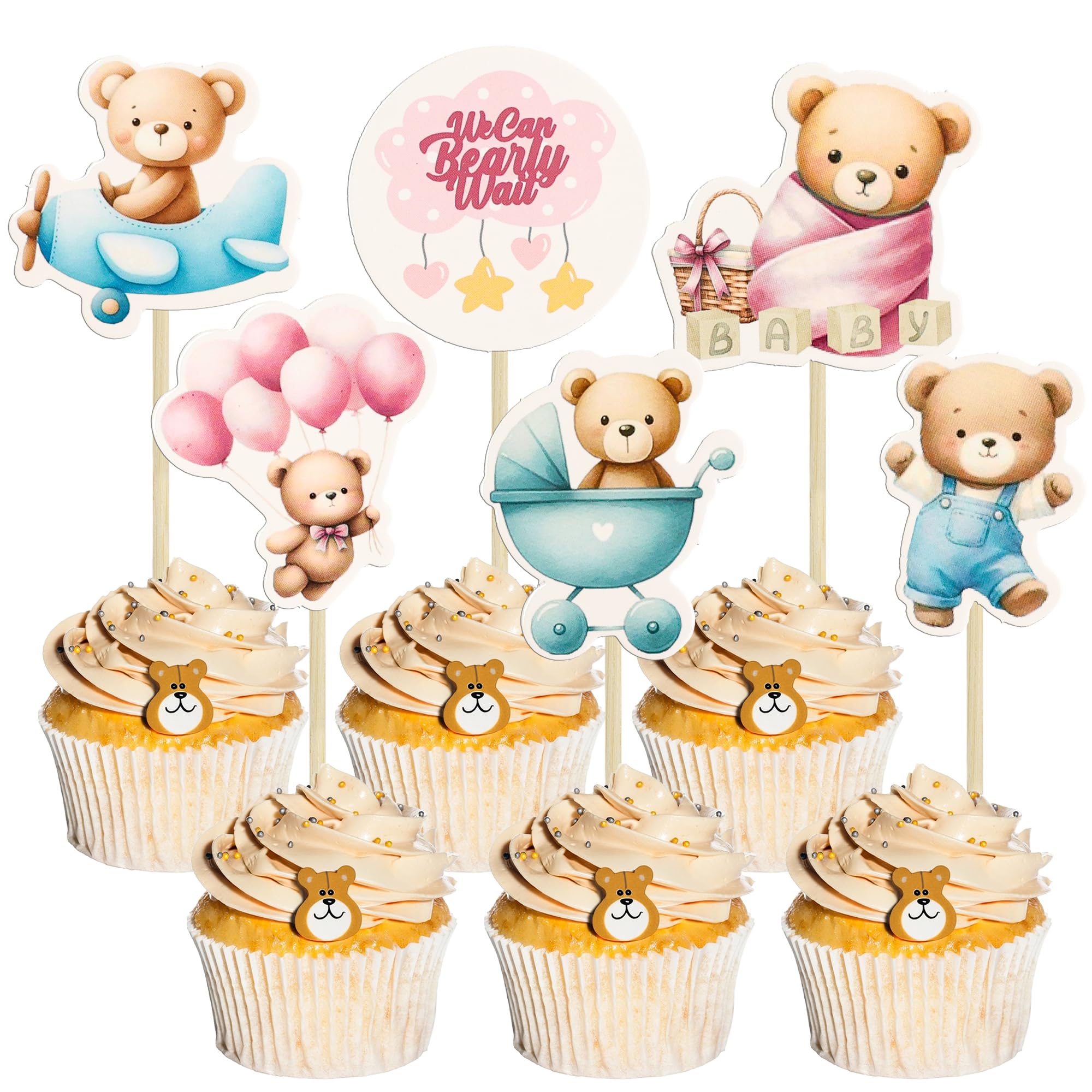 Ephlyn 36Pcs Bear Cupcake Toppers Balloon Baby Bear Cupcake Picks Decorations for Bear Theme Birthday Party Supplies Blue Pink