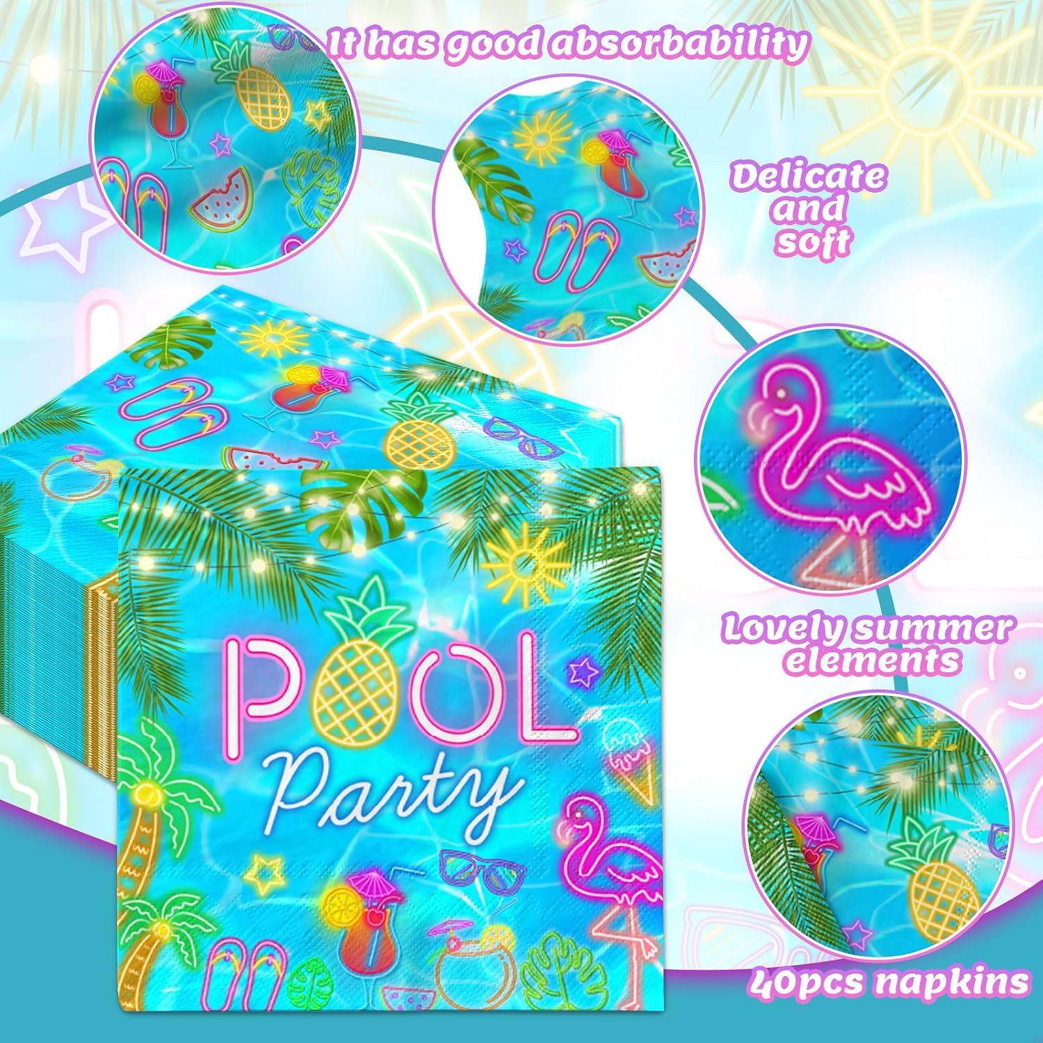 Pool Party Napkins Decorations Neon Pool Paper Napkins for Birthday Party Summer Beach Table Decorations Glow Pool Party Supplies