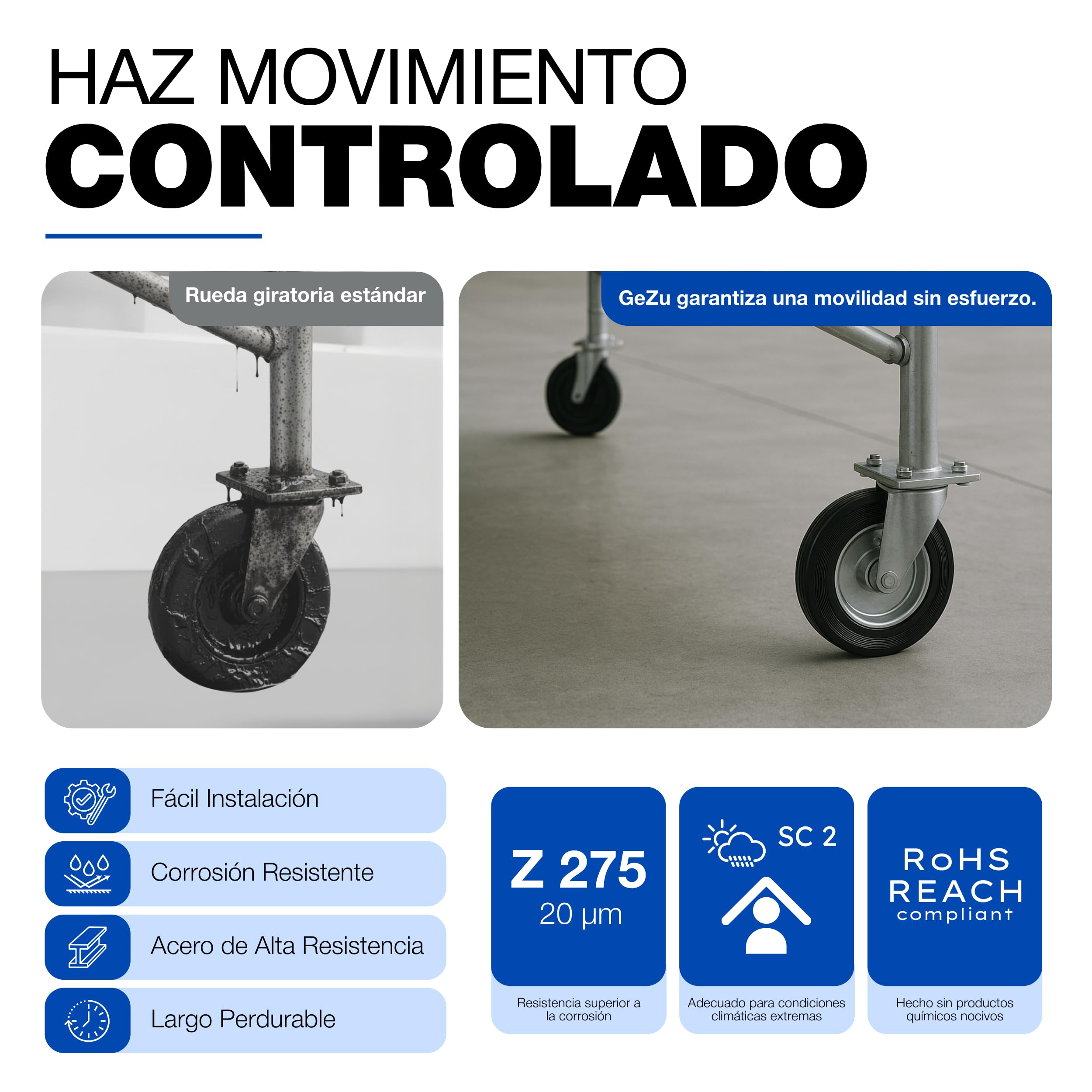 GeZu Impex Ruedas Giratorias 200x40mm Juego of 8 | Galvanizadas Ruedas Giratorias Alta Resistencia Poliuretano Goma Sólida para Bancos de Trabajo Muebles Carros Equipos