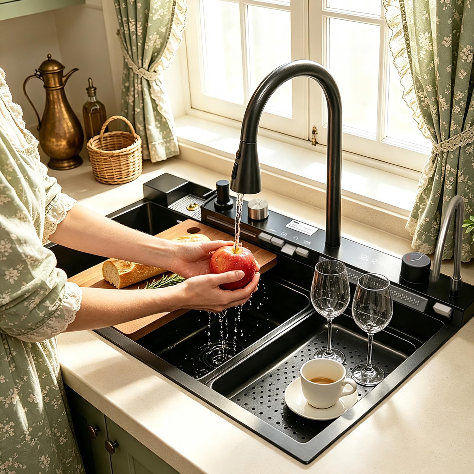 Fregadero de cocina de acero inoxidable multifunción de 80 x 50 cm – 2 cascada fregadero de agua, grifo extraíble, gran lavabo de cocina, con dispensador de jabón, con accesorios para