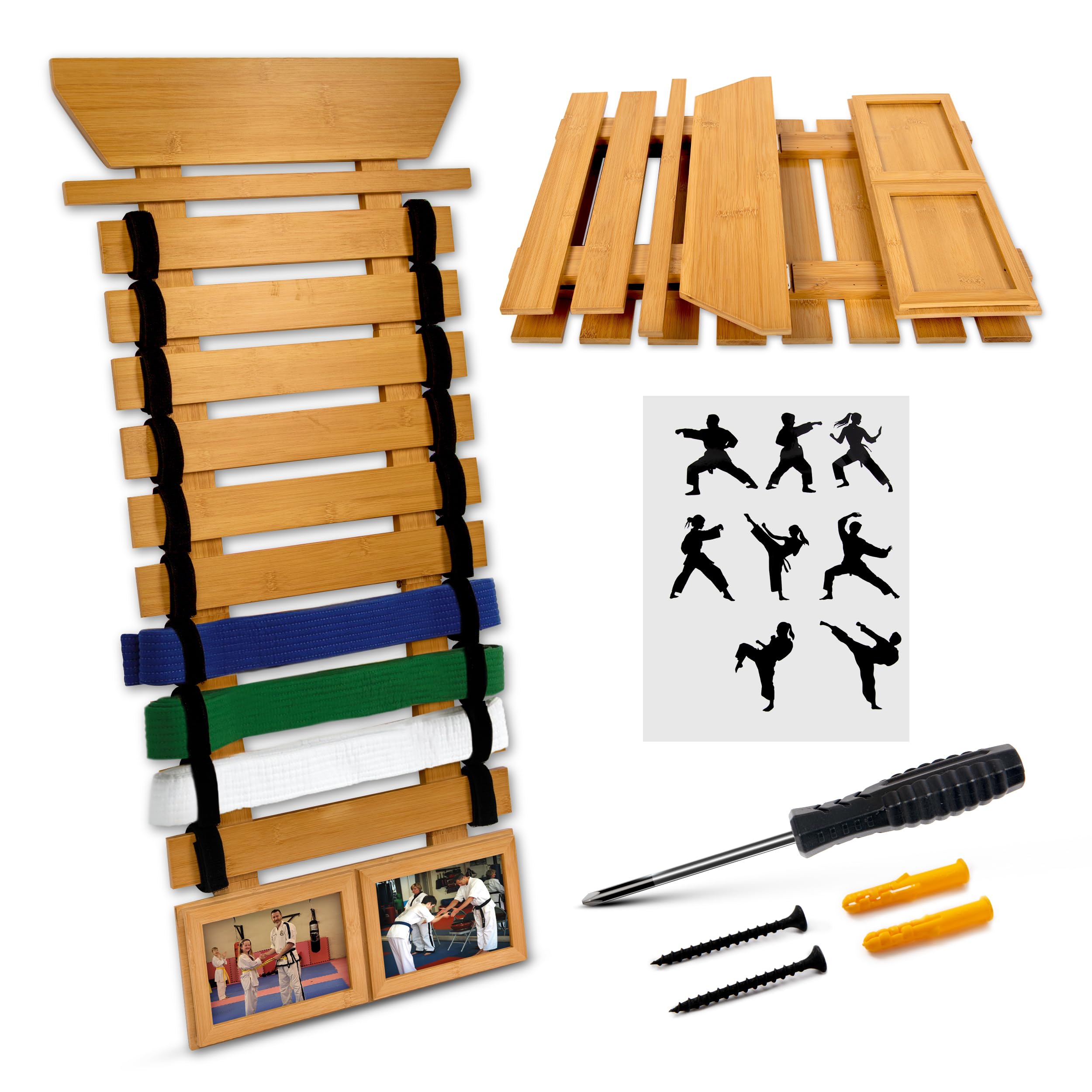 Optimus Depot Karate Belt Display Rack - Bamboo 10 Taekwondo Belt Display with Customization Stickers, 2 Picture Frames, Self-Adhesive Adjustable Strips & Hanging Kit Taekwondo Gifts