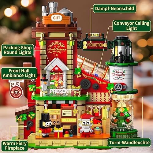 Miniatura 6 de Juego de construcción de fábrica de Navidad con luz, 2775 piezas de decoración de pueblo navideño para el hogar, kit de casa de vacaciones con árbol