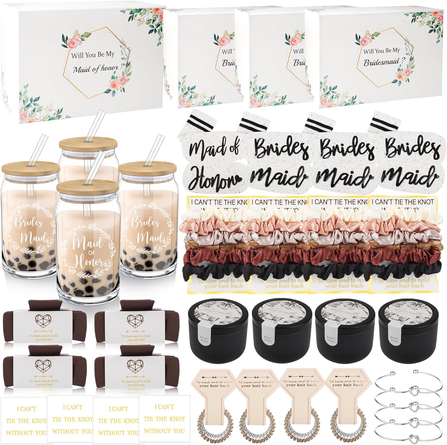 40Pcs Bridesmaid Proposal Box Gifts Set of 4 Will You Be My Maid of Honor Proposal Gifts Set Rectangular Hair Clips Soft Socks Scented Candle Bridesmaid Scrunchies Spiral Hair Ties Bridal Shower