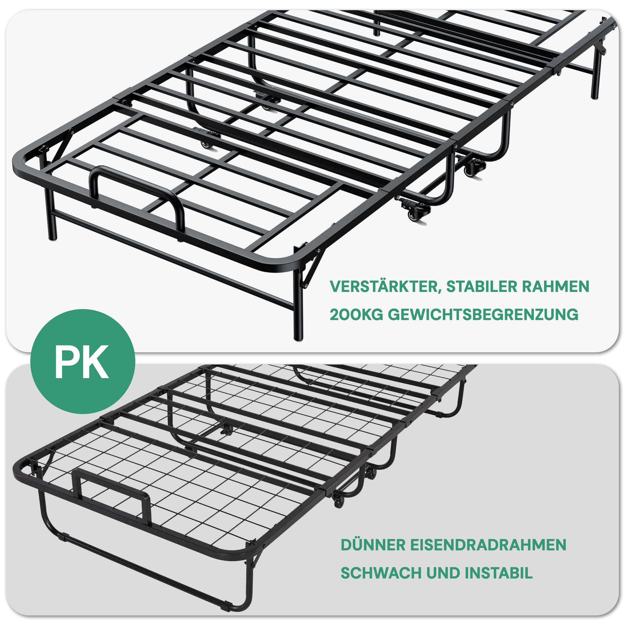 SunsGrove Klappbett 191x97 cm mit 13 cm Memory Foam Matratze, Gästebett Klappbar für Erwachsene, Faltbares Metallbett mit Rollen, Reisebett Stabil bis 200 kg Belastbar