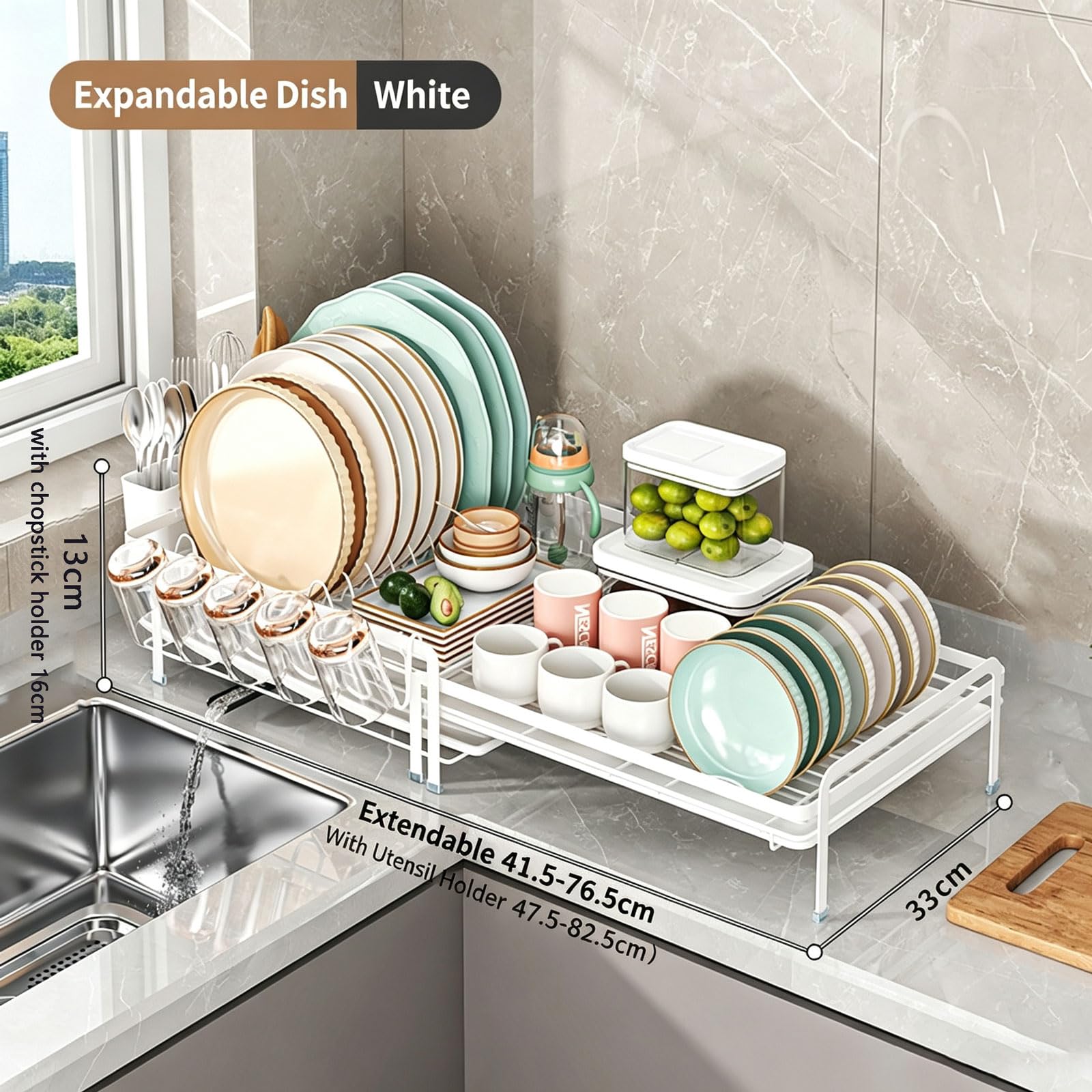 Escurreplatos Extensible 41-76cm,Escurridor Platos | Grande,en Acero al Carbono,Con Bandeja Recogegotas,Portacubiertos,Portavasos,Boquilla Extensible y Giratoria 360° Organizador Cocina Fregadero