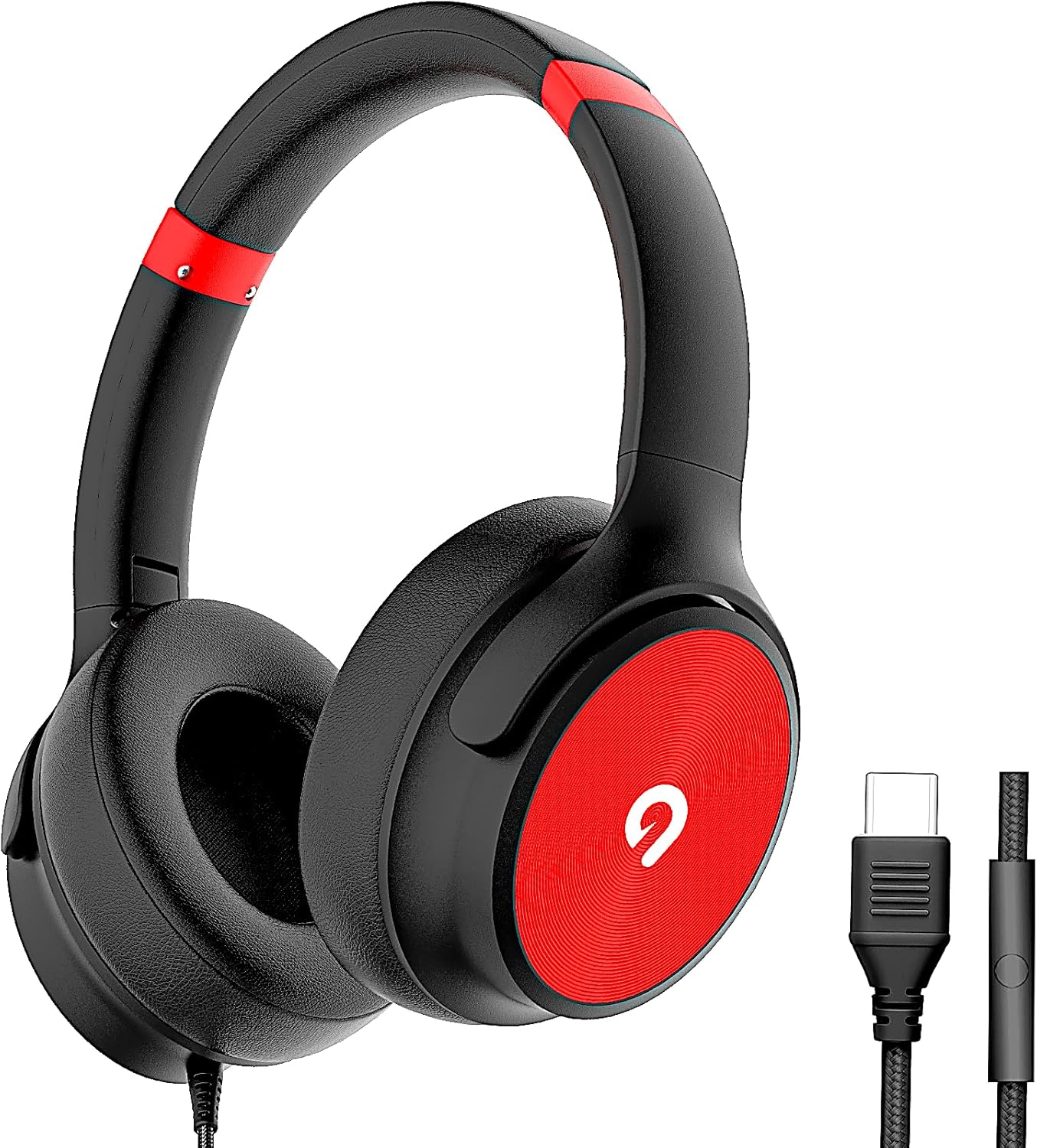 USB C Wired Over-Ear Headphones with Mic, Hi-Fi Stereo Sound, Noise-Isolating Ear Cups, Comfortable Fit for iPhone15/16, Samsung Galaxy S24/S23, Type-C Phones & Tablets (Black&Red)