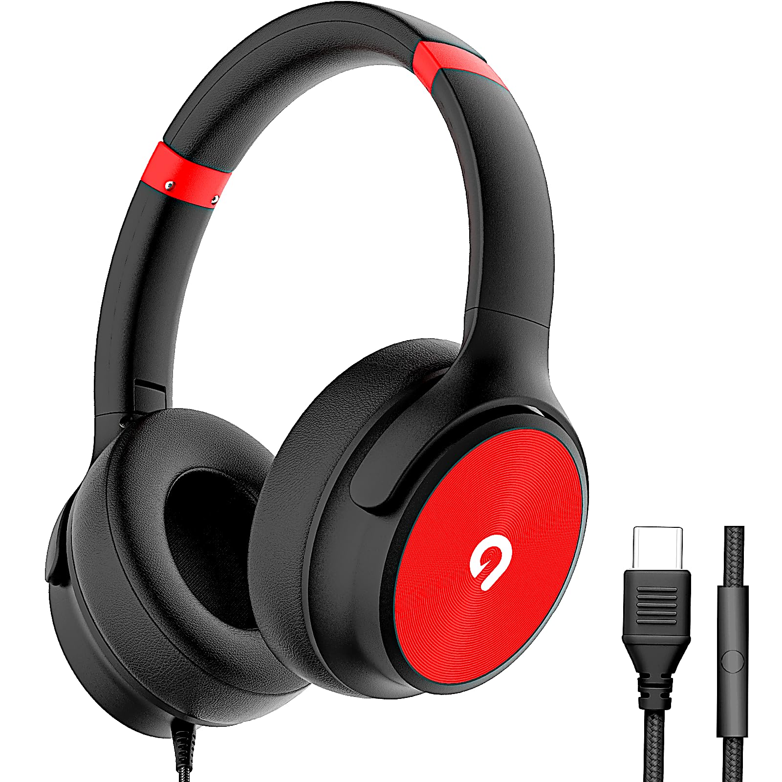 ADOOPE Przewodowe słuchawki nauszne USB C z mikrofonem, dźwięk stereo Hi-Fi, izolujące hałas, wygodne dopasowanie do iPhone 15/16, Samsung Galaxy S24/S23, telefony i tablety typu C (czarno-czerwone)