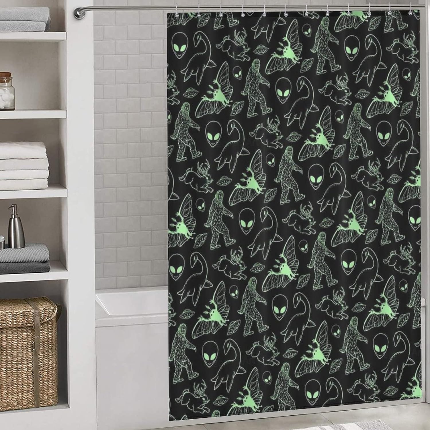 Green Lines Cryptid Pattern Shower Curtain Waterproof Bath Curtain Set with Hooks for Bathroom Decoratione 60x72Inch（152x183cm）