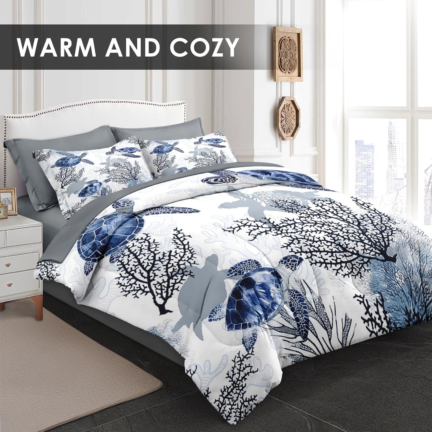 7 Pcs Queen Size Comforter Set with 2 Pillowcases & 2 Shams, Ocean Sea Coral Bedding for Kids and Adults, Blue Animal Turtle Bed in a Bag with Flat Fitted Sheet - Image 3