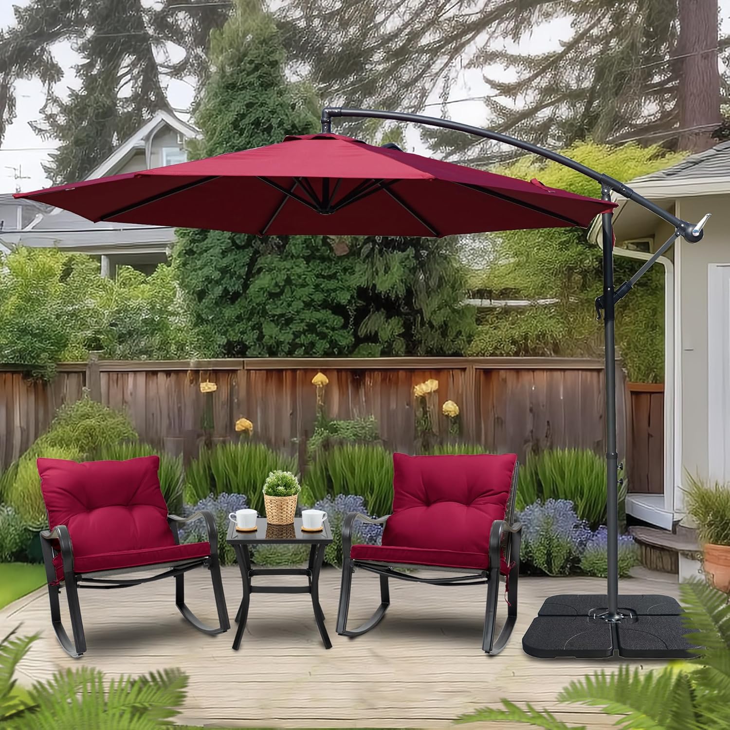 Kozyard 10' Large Outdoor Patio Umbrella with Base, Offset Cantilever Hanging Market Style, Ideal for Balcony, Patio Table, Garden Terrace (Burgundy, Square 40"x40")