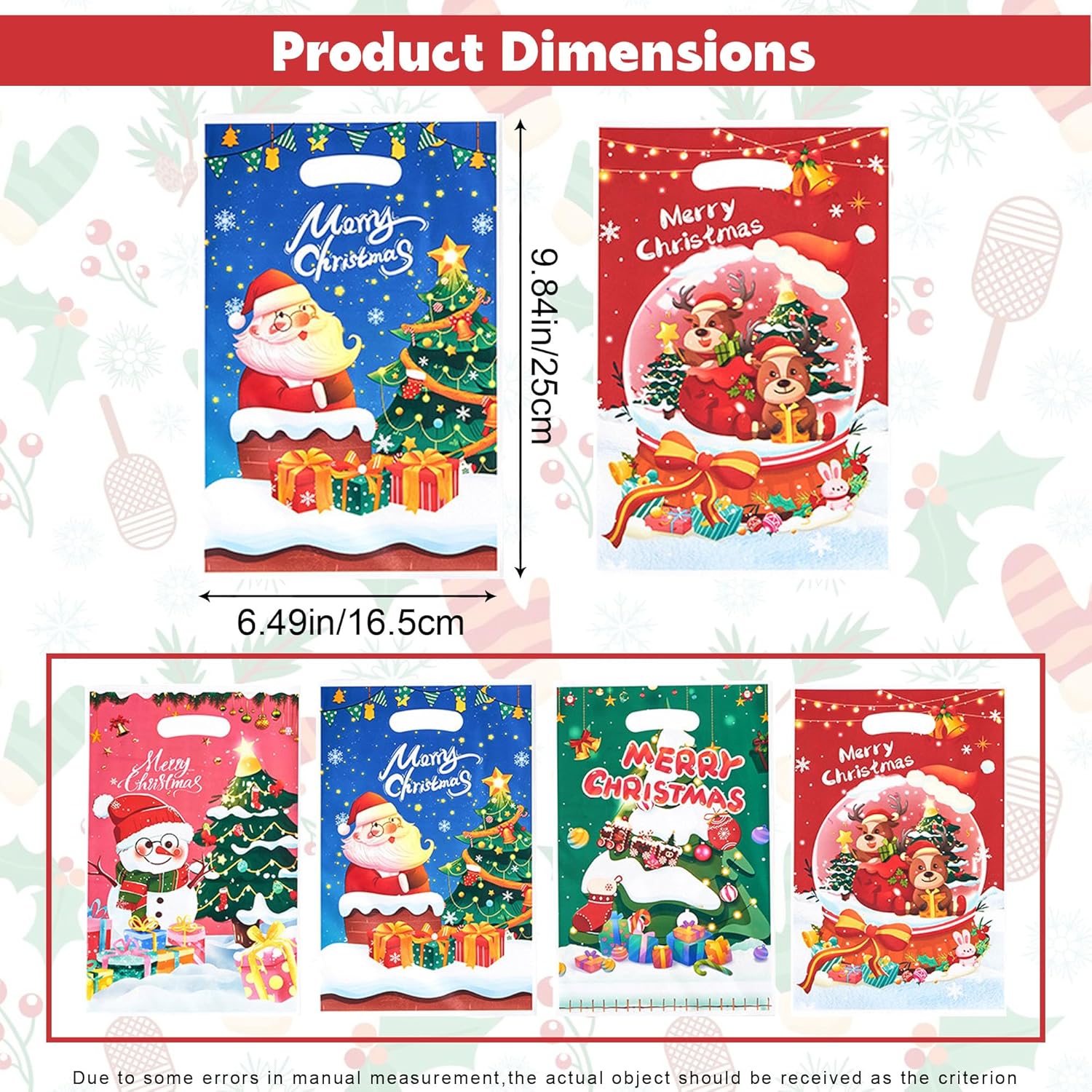 Ysqool 50 Pieces Christmas Gift Bags, Christmas Goodie Bags with Handles, Plastic Party Favor Bags for Kids, Small Candy Goody Snack Bags Bulk for Xmas Winter Holiday Party Decorations Wrap Supplies - Image 2