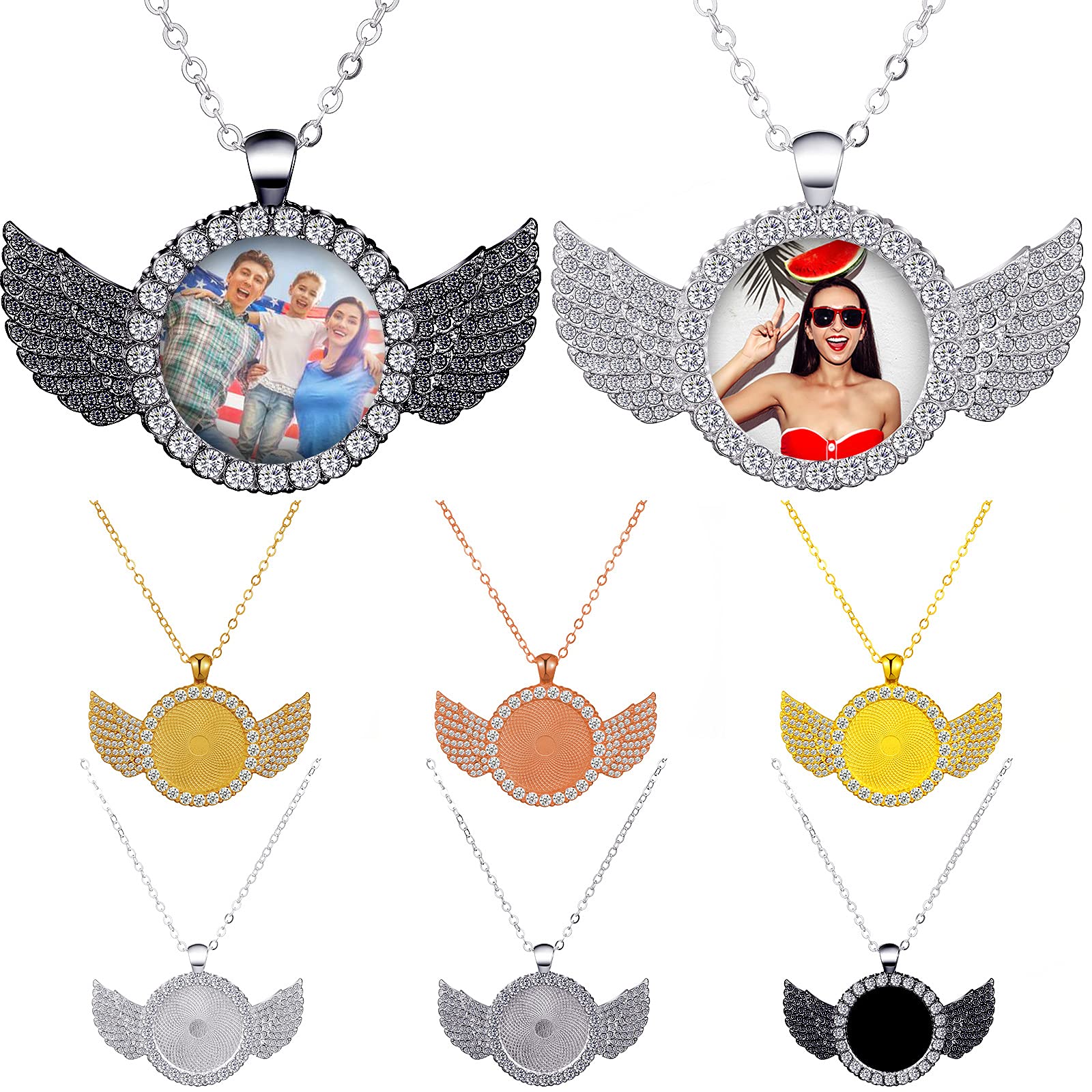 6 Sets Sublimation Blank Photo Necklaces Picture Necklaces, Round Wing Pendant Necklaces with Picture for Men Women Necklaces