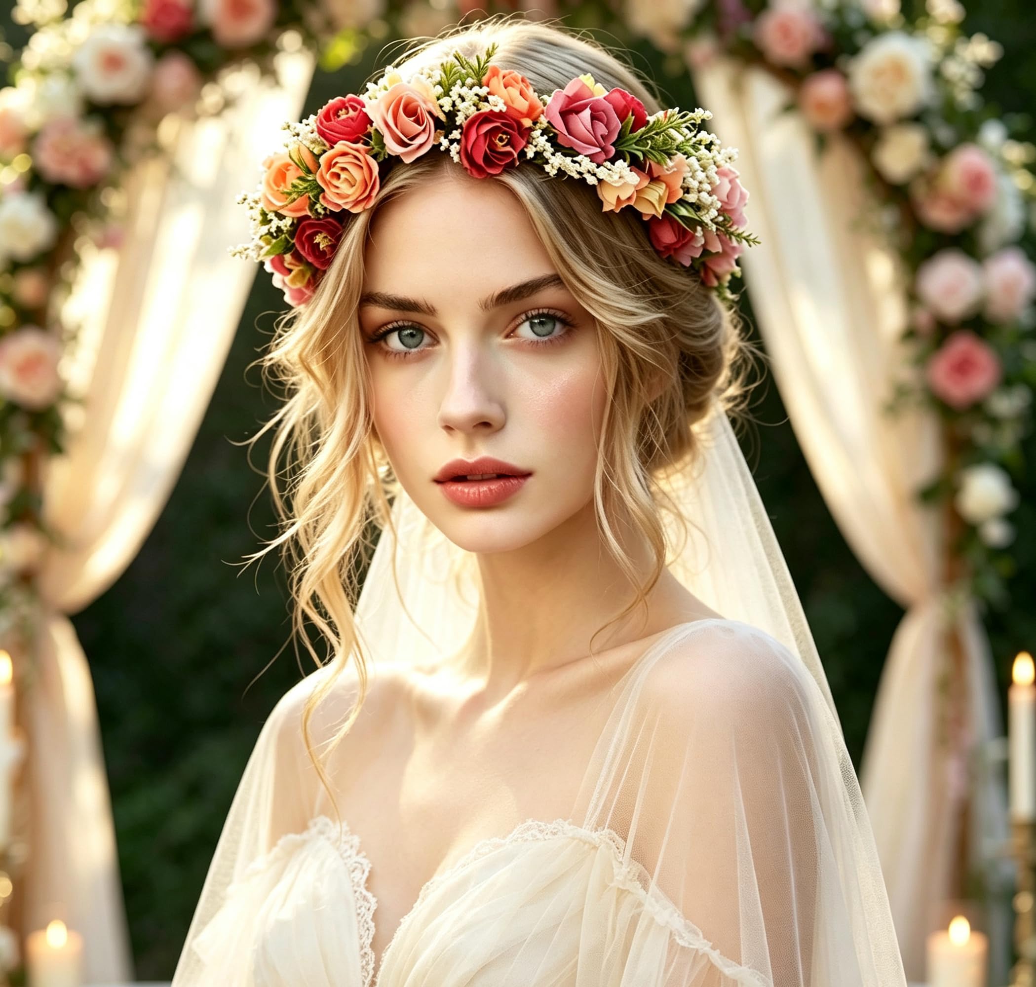 Blumenkrone für Mädchen, Blumenkrone, Blumengirlande, Stirnband, Blumen-Kopfschmuck, Heiligenschein, Hochzeit, Party, E, 1 Count (Pack of 1)
