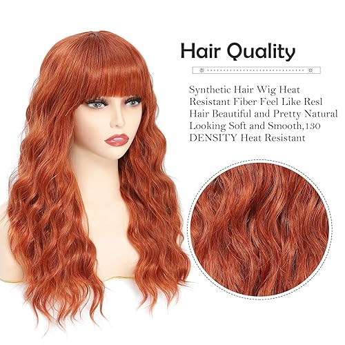 Miniatura 7 de X-TRESS Pelucas de jengibre con flequillo de 20 pulgadas, pelucas sintéticas naturales rizadas con flequillo naranja para mujeres negras, pelucas de