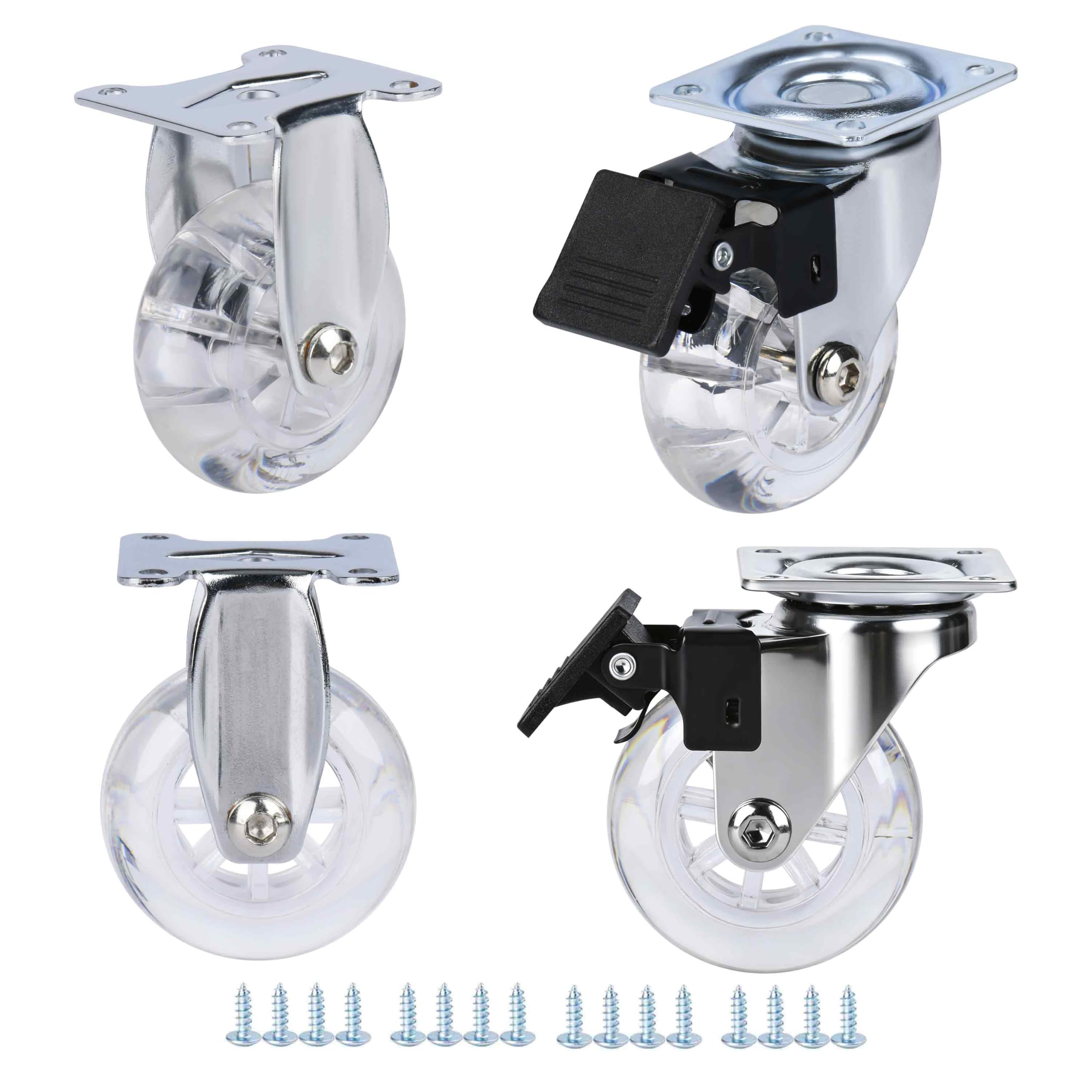Nfbcxutkw 2 With Brake+2 Rigid Clear 2" Caster Wheels Set Of 4, Pu Casters 2 Fixed 2 Brake For Furniture