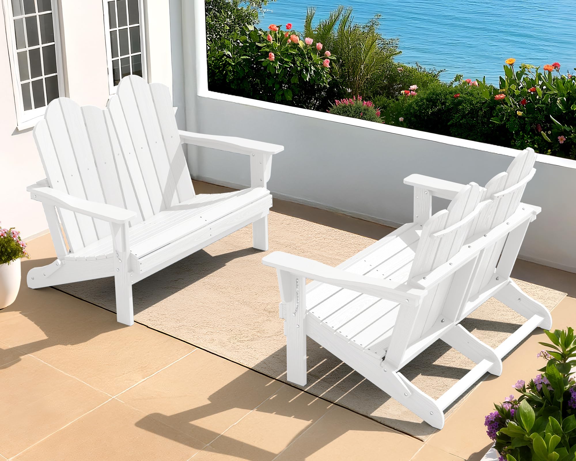 SERWALL HDPE All-Weather Folding Adirondack Bench Set of 2, White