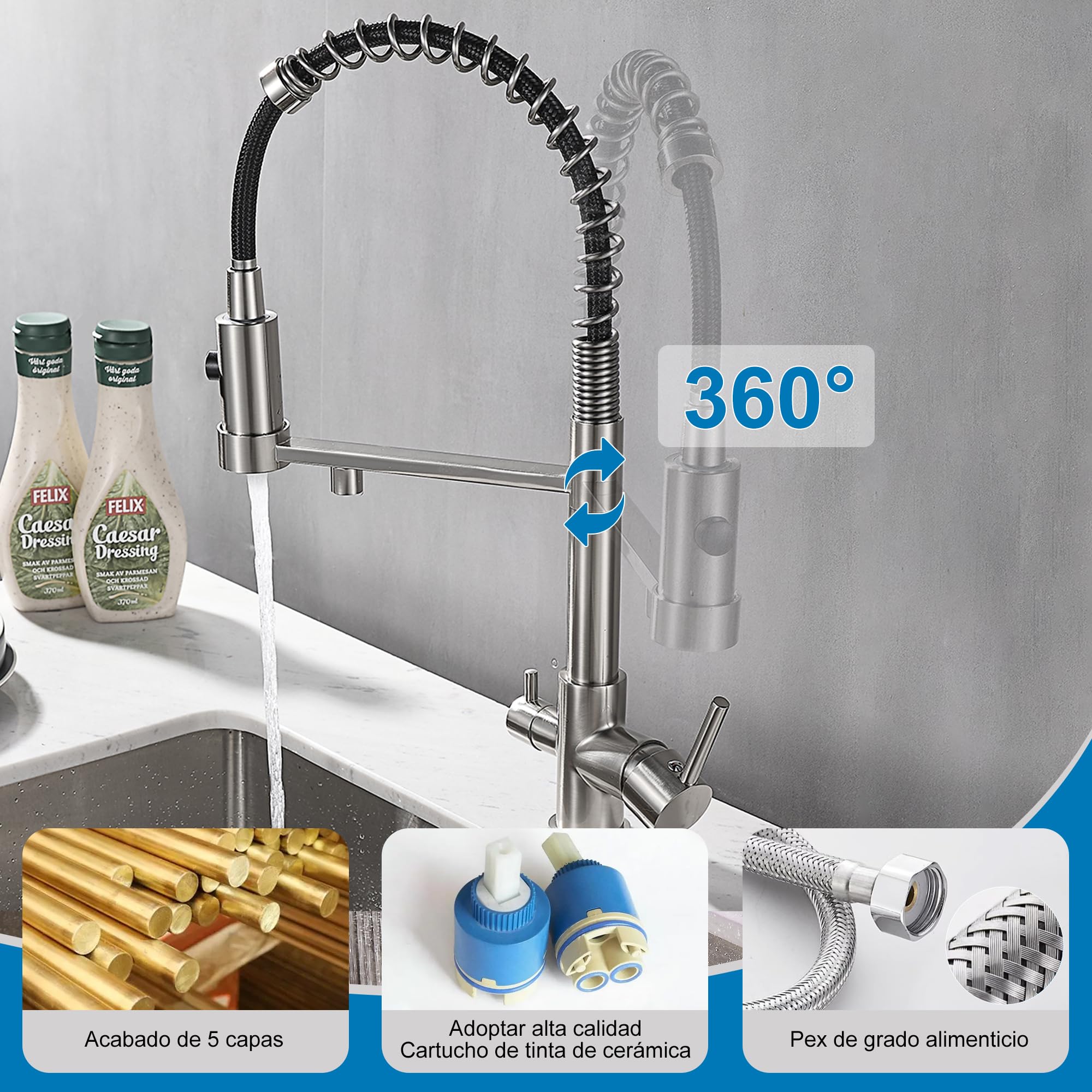 Robinet de cuisine 3 voies extensible en laiton 3 en 1 pour filtre à eau Nickel brossé