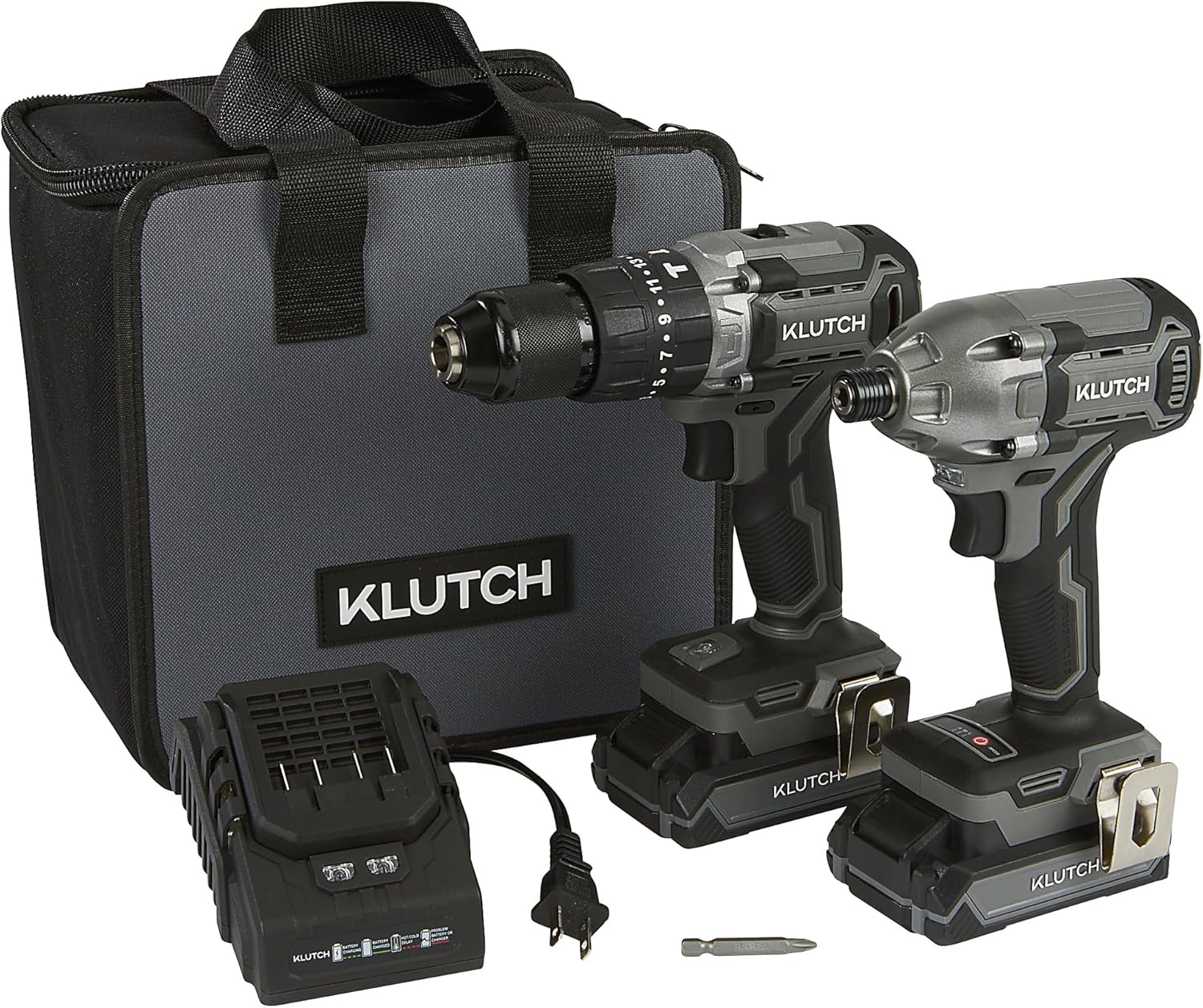 Klutch Hammer Drill/Driver and Impact Driver Kit, KLiQ 20 Volt Brushless, 1/2in. and 1/4in.
