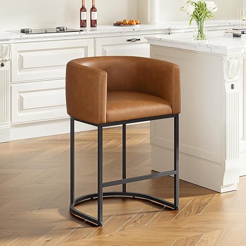 26" H Counter Height Bar Stools, Modern Barrel Counter Stools with Backrest and Arms, Faux Leather Upholstered Accent Barstools for Kitchen Island,Support 450 LBS（Walnut）