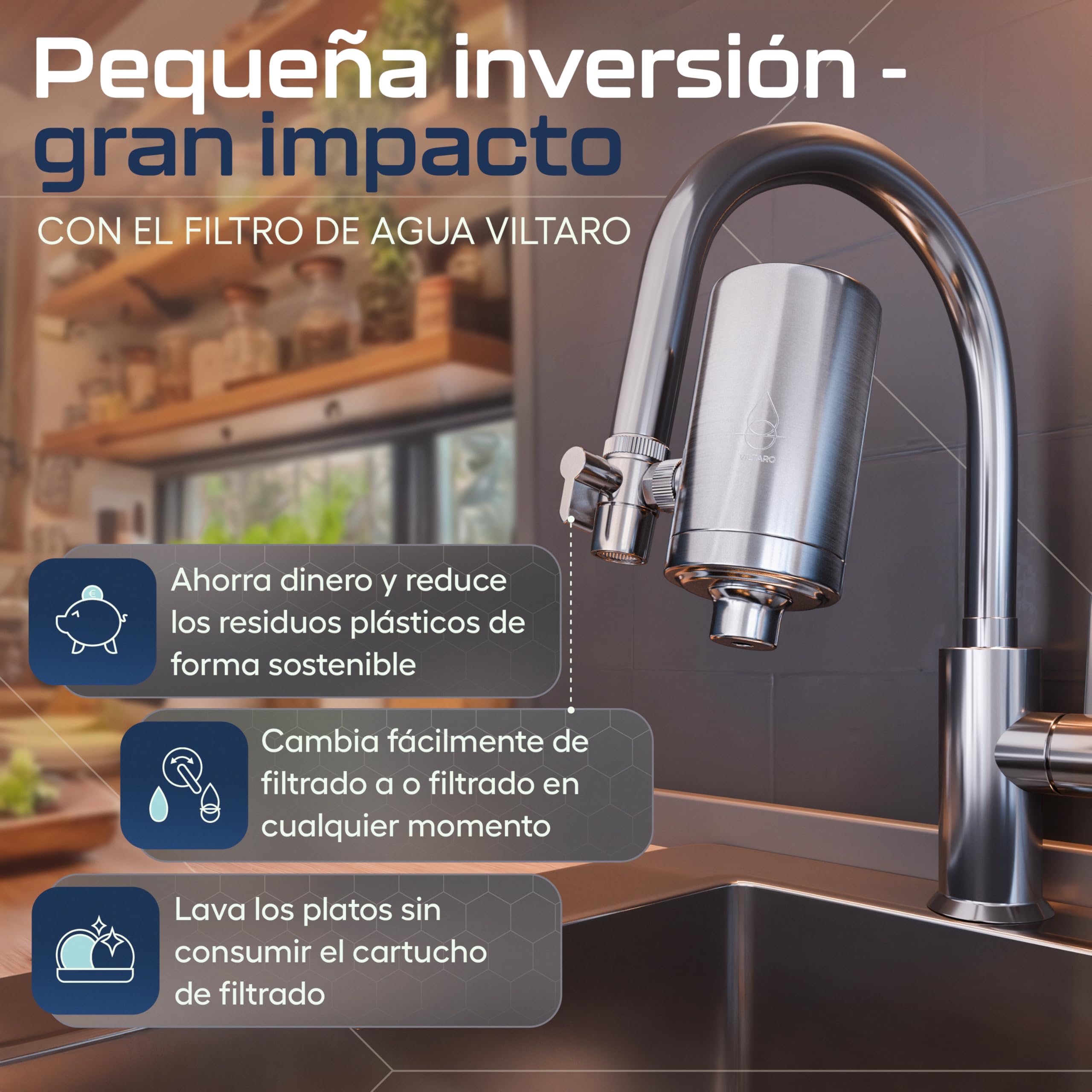VILTARO® Filtro Agua Grifo – solo 0,02 €/litro de agua potable, sin BPA, acero inoxidable, aireador ahorrador de agua, filtro de carbón activo | Filtro de agua para grifo, filtro grifo cocina
