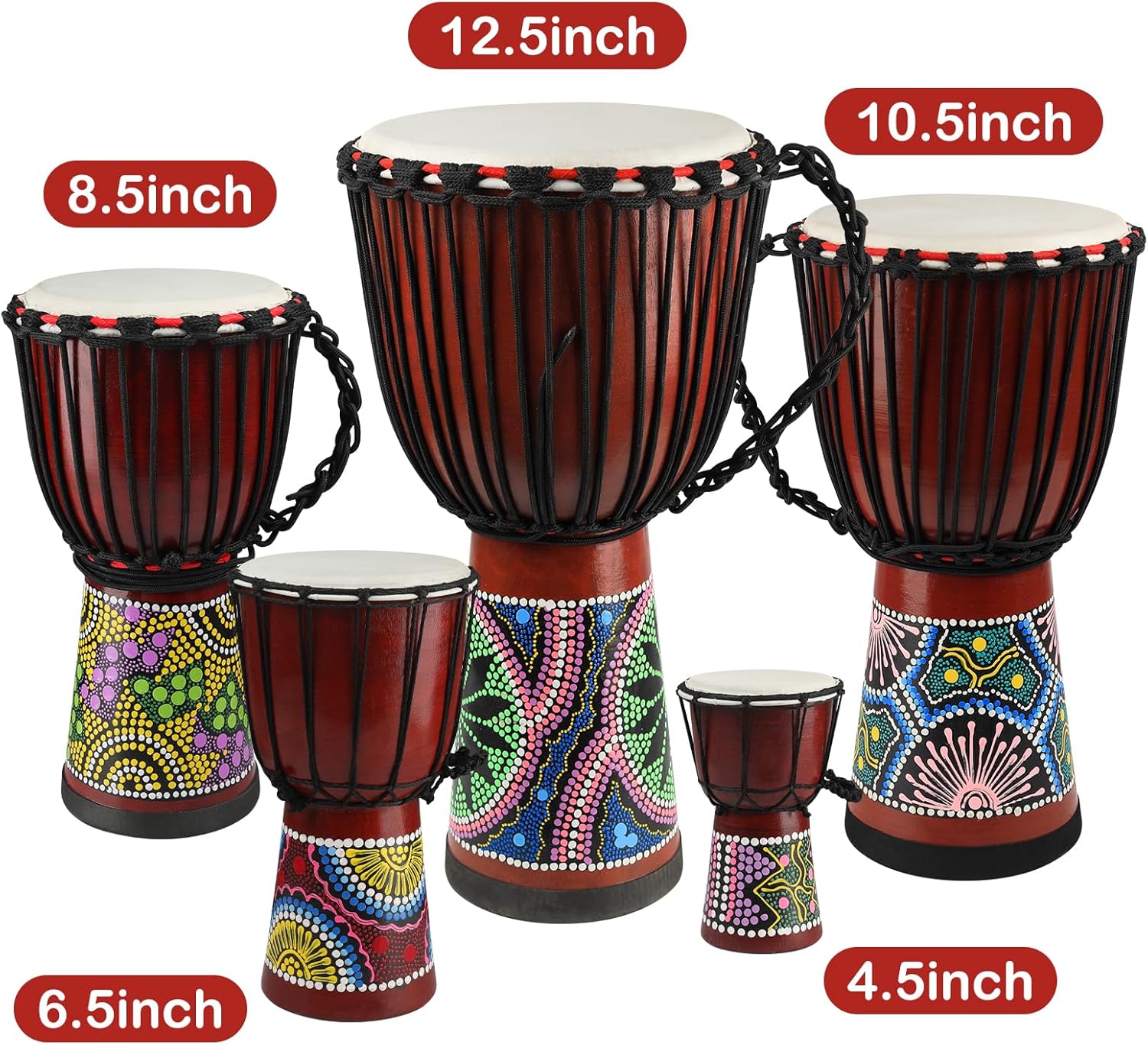 Wood Djembe Drum, 12'' x 23.5'' Carved Mahogany African Drums with Goatskin Drumhead, West African Styled Professional Djembe Hand Drum Musical Instrument for Adults Beginners