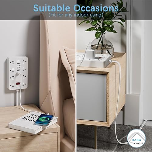 Miniatura 5 de HUNIAN - Cable de extensión de 10 pies de largo, regleta de alimentación con 8 tomas ampliamente espaciadas, 6 USB, estación de carga de montaje en