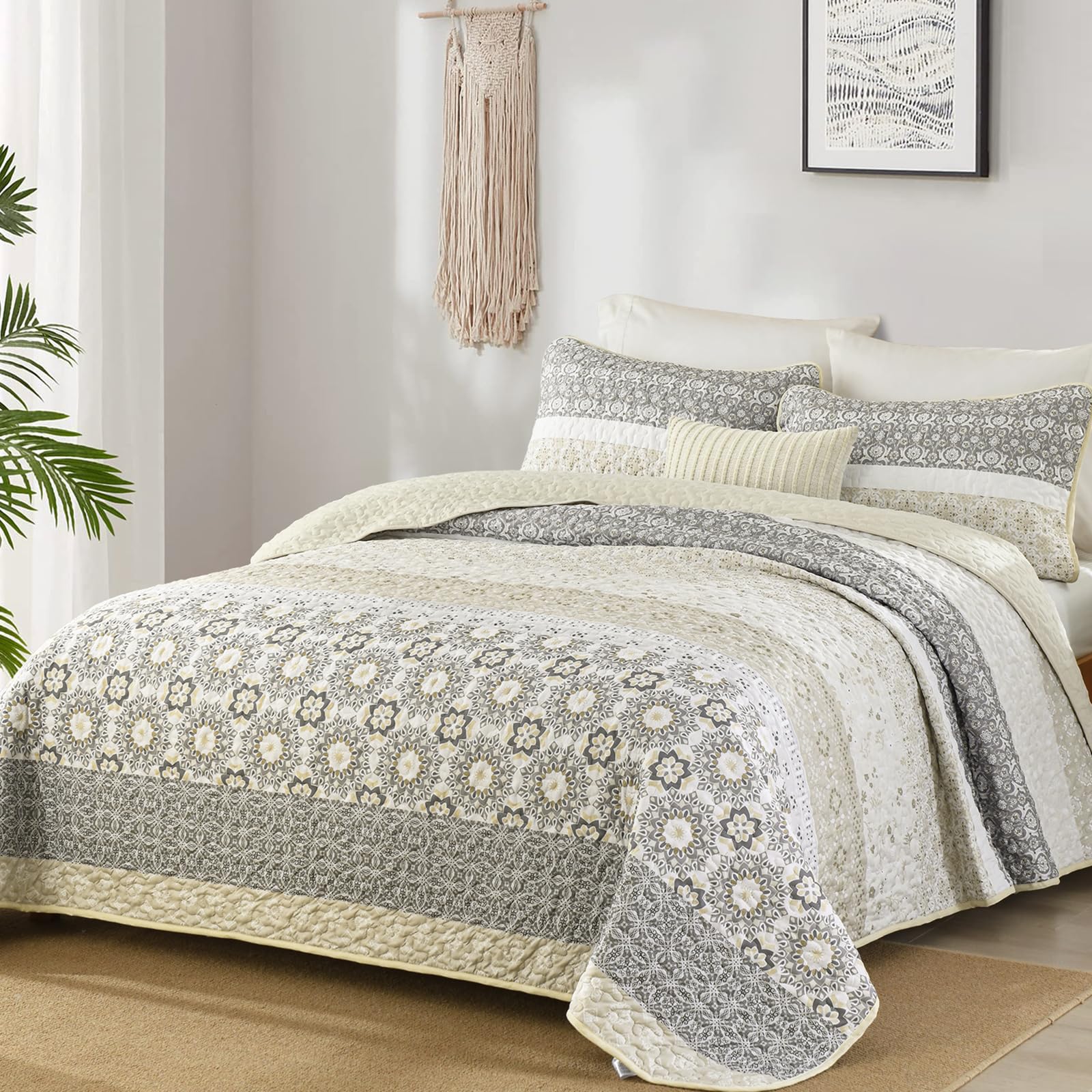 Juego de edredón bohemio reversible para cama King de microfibra beige con rayas de 264x228 cm