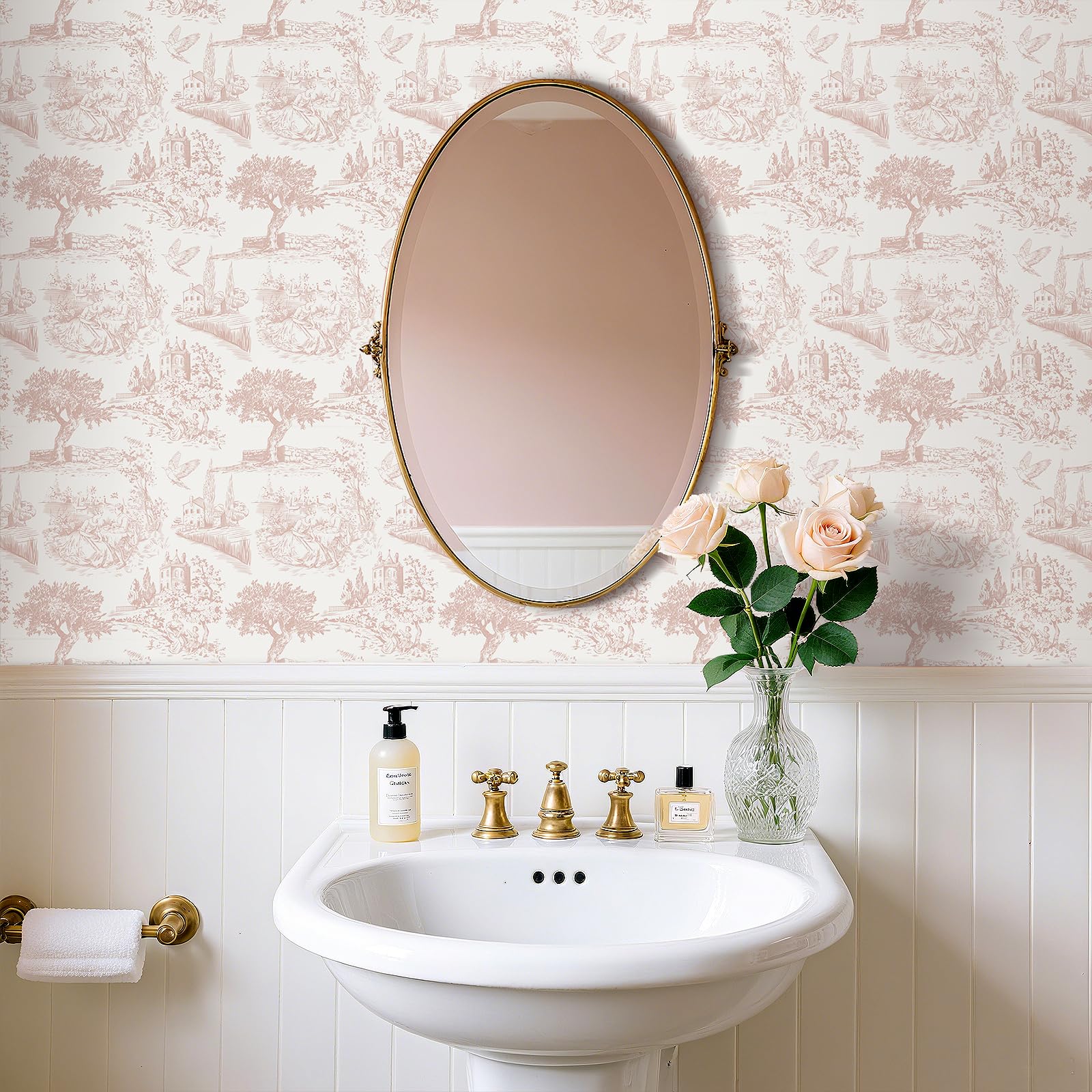 FunStick 44.5CMx9M Papel Pintado Rosa y Gris Papel Adhesivo Pared Baño Hojas Árboles Impermeable Revestimiento Muebles Armario Blanco Gris Castillo Jardín Vintage Vinilo Adhesivo Flores y Pájaros