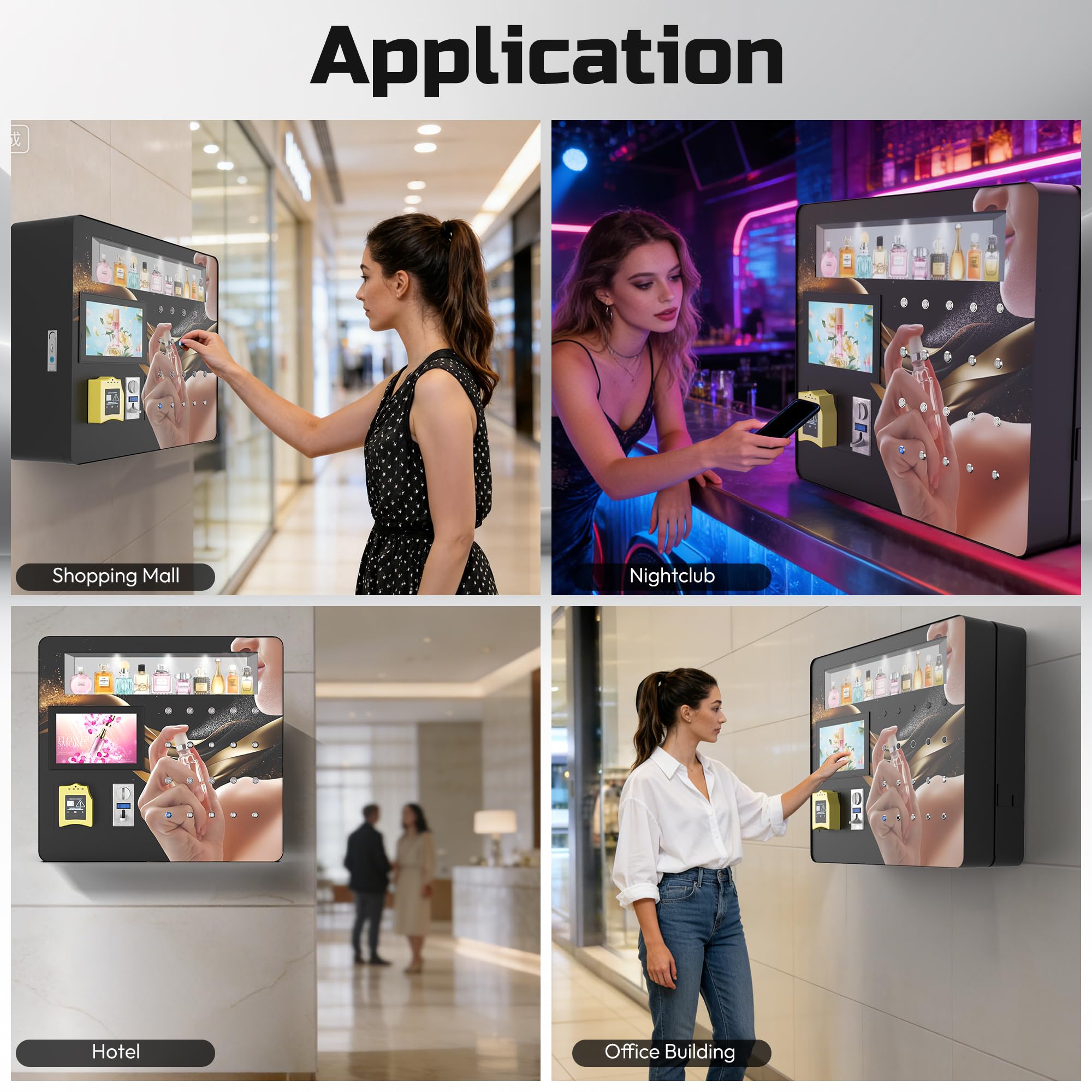 Máquina expendedora de perfume con pantalla táctil de 10.1 pulgadas con boquilla de pulverización automática, compatible con pago de monedas/tarjeta de crédito, máquina de aroma comercial para centros