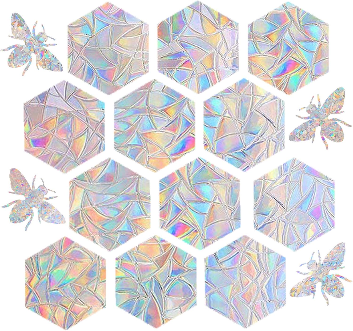 STICKERGURU 16 Pieces Hexagons and Bee Window Clings - Anti-Collision Window Decals to Save Birds from Window Collisions,Non Adhesive Prismatic Vinyl Window Clings, Rainbow Stickers, Bright,rainbow