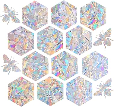 STICKERGURU 16 Pieces Hexagons and Bee Window Clings - Anti-Collision Window Decals to Save Birds from Window Collisions,Non Adhesive Prismatic Vinyl Window Clings, Rainbow Stickers, Bright,rainbow