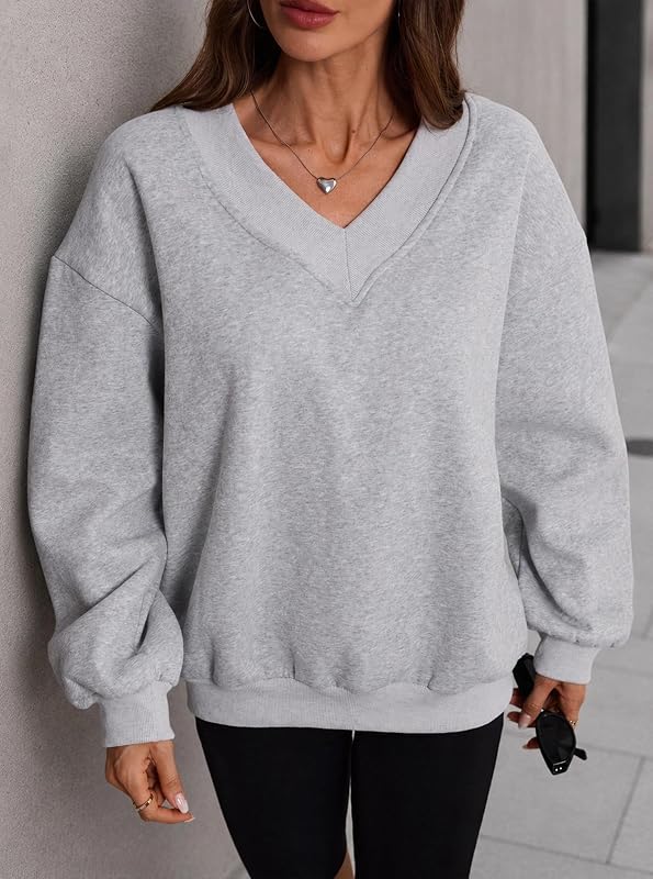 Hilinker Womens V Neck Oversized Sweatshirts Long Sleeve Pullover Grey XL image 3