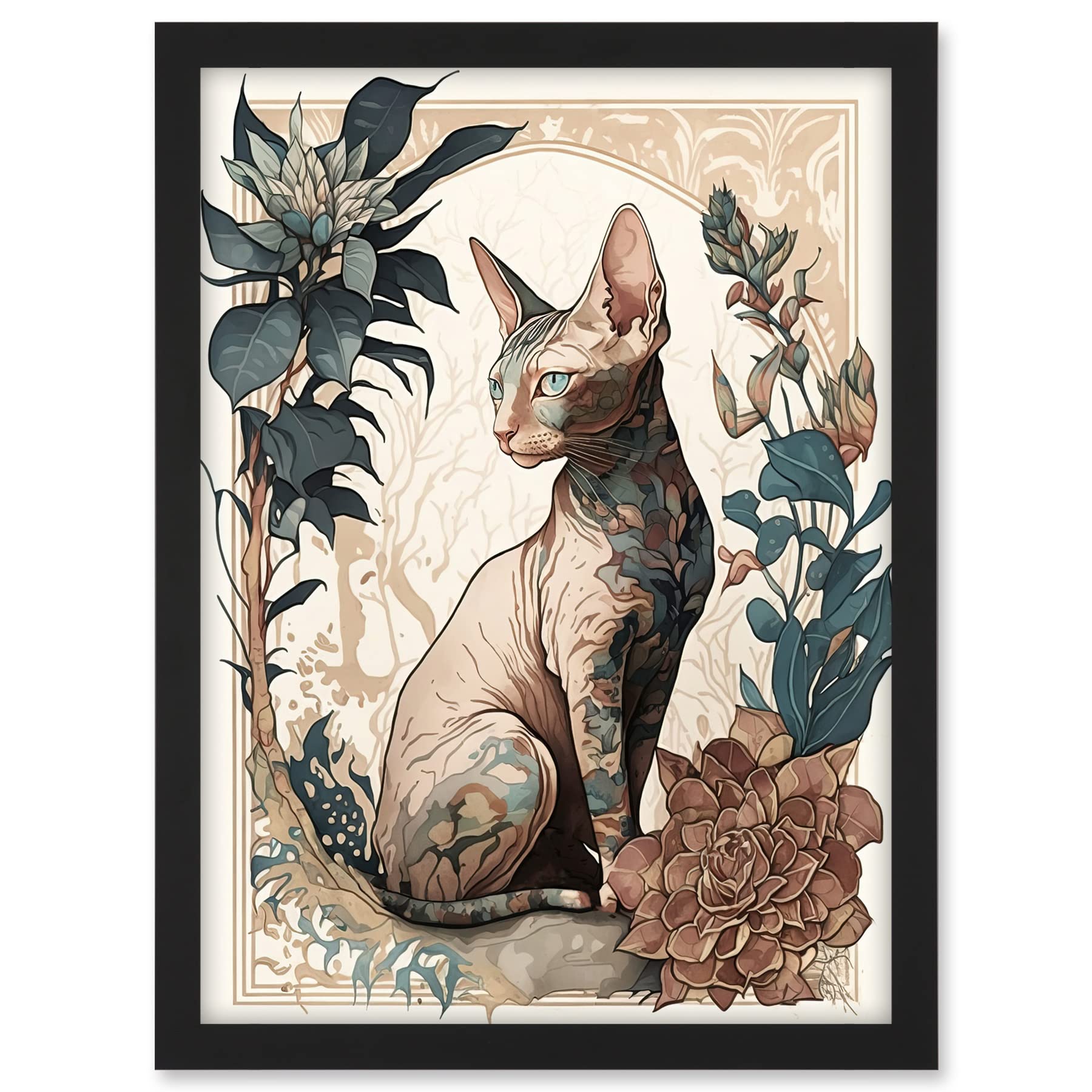 Artery8 Sphynx Cat with Flower Blooms Modern Art Nouveau Portrait Illustration Artwork Framed A3 Wall Art Print