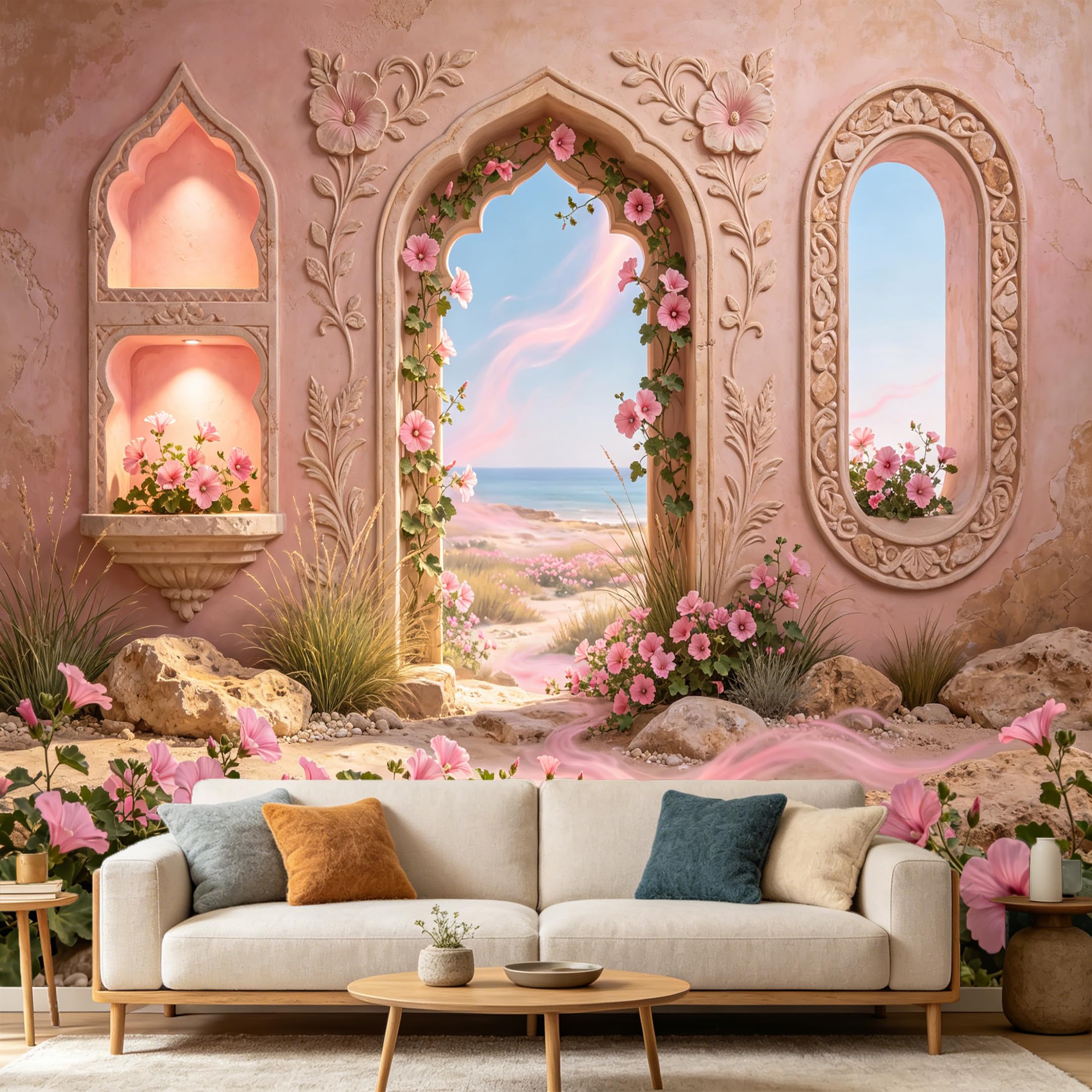 Custom Size Wall Mural， Mediterranean Pink Archway Ocean View Flower Garden， SelfAdhesive Art Prints wall Fabric Removable Large Wallpaper Home Living Room Decor