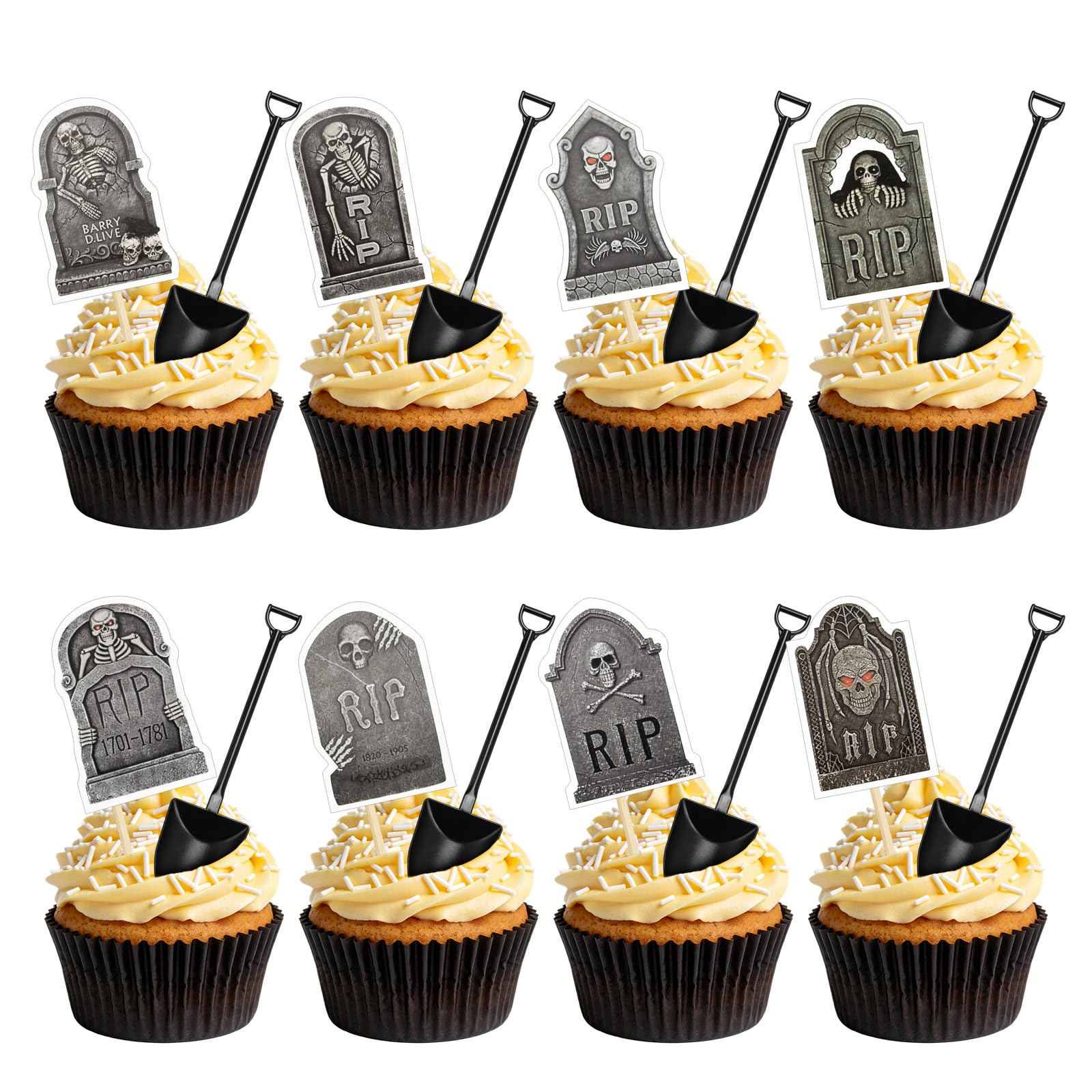 48 Stück Halloween Cupcake Topper Grabstein Set mit Mini-Schaufel