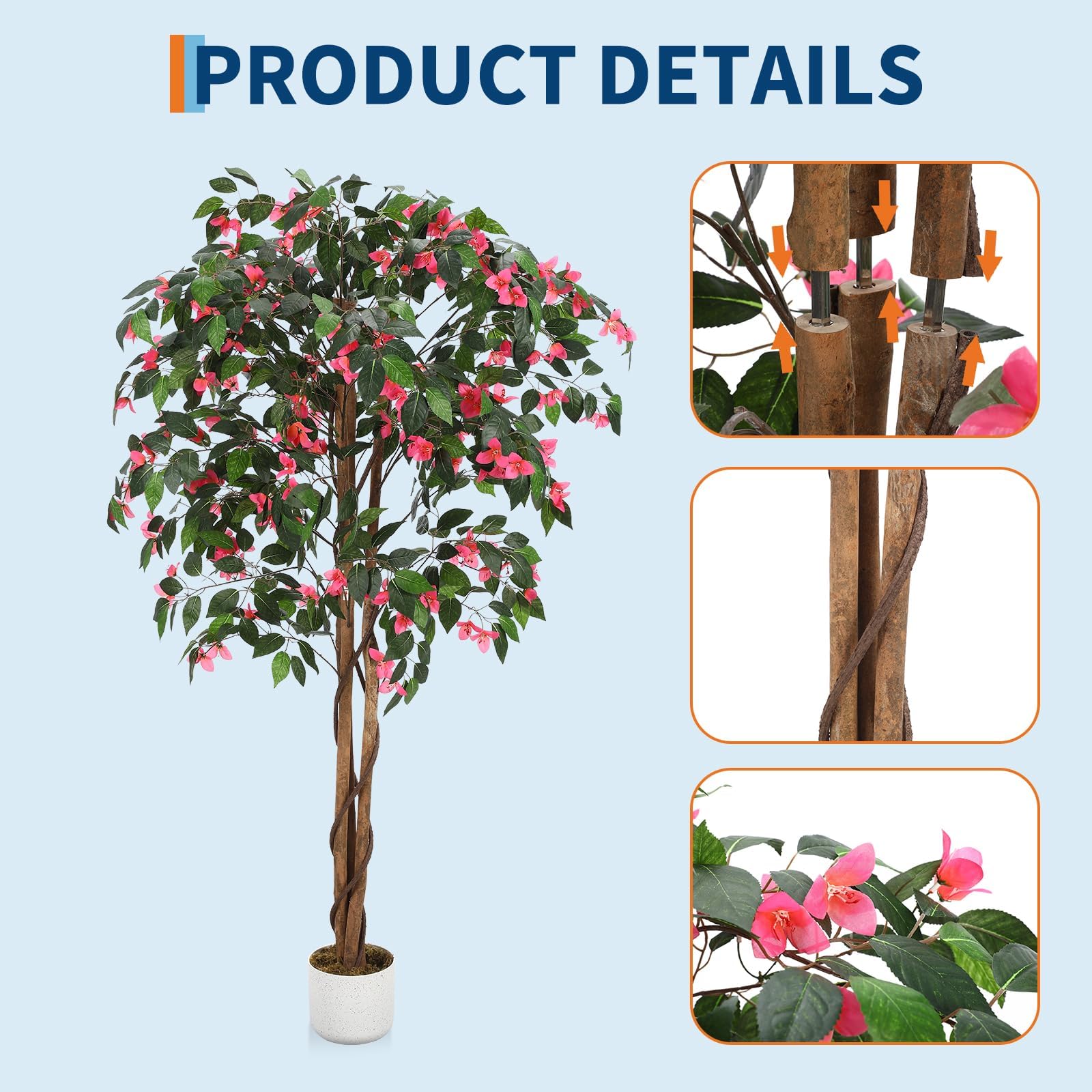 GarveeHome Albero artificiale bouganvillea, 120/160/180 cm, grande pianta artificiale in vaso con fiori, ideale per soggiorno, ingresso e ufficio, decorazione non necessita di manutenzione