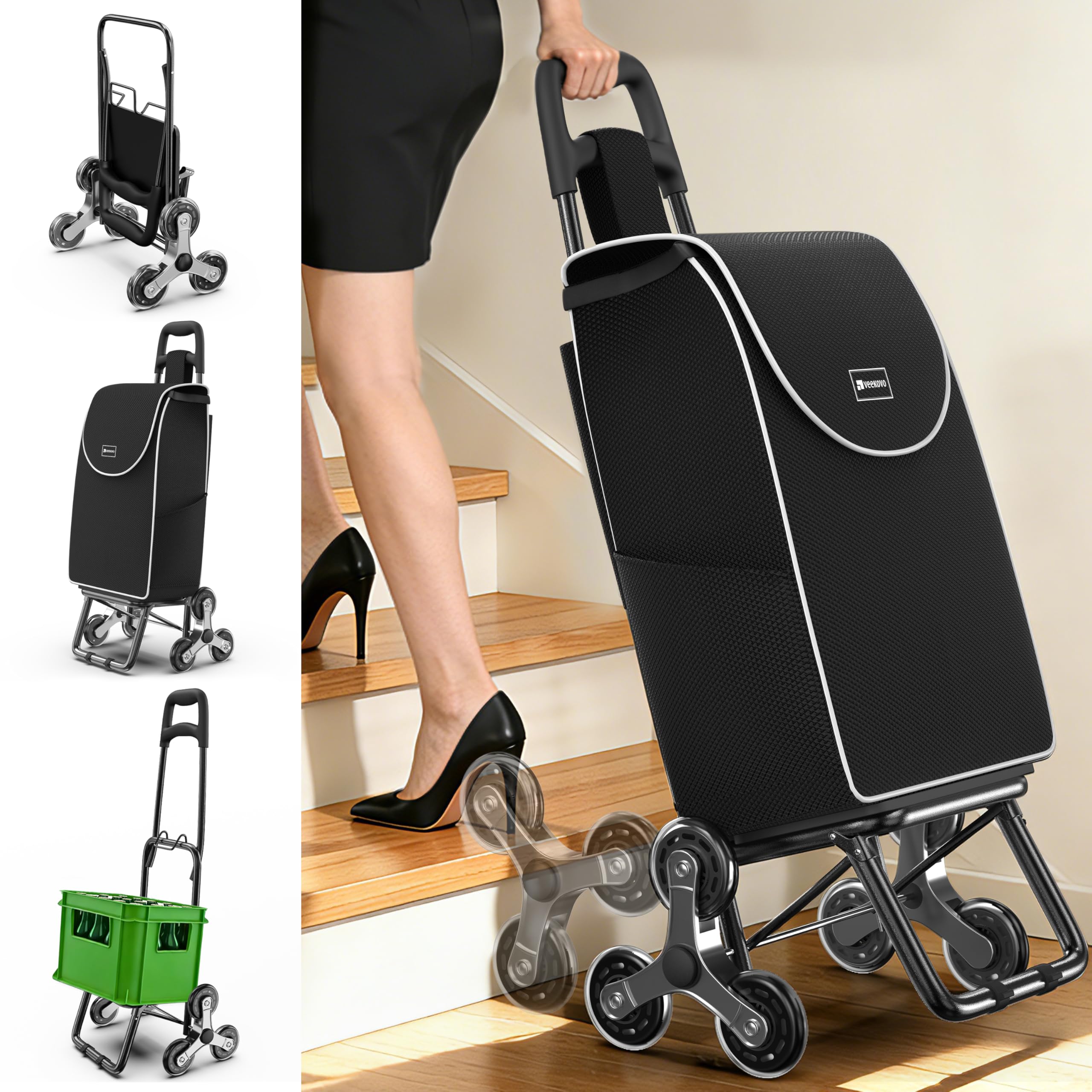 Carrito de Compras para comestibles,Carrito de comestibles Plegable Ligero con Capacidad de 56L,con 6 Ruedas para Subir Escaleras,Bolsa Oxford Desmontable (Negro, 2 Pieza)