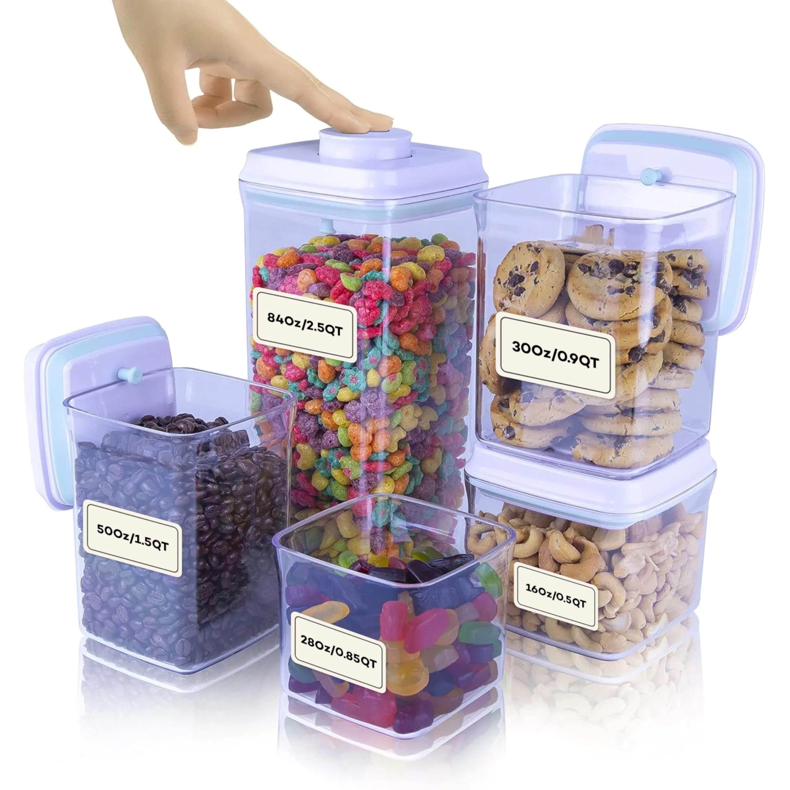 iChewie - BopTop (Set da 5 Pezzi) Contenitore Ermetico per Alimenti - Contenitore Meccanico per Sigilli in Silicone - Impilabile Senza BPA - 500ml / 850ml / 900ml / 1500ml / 2500ml
