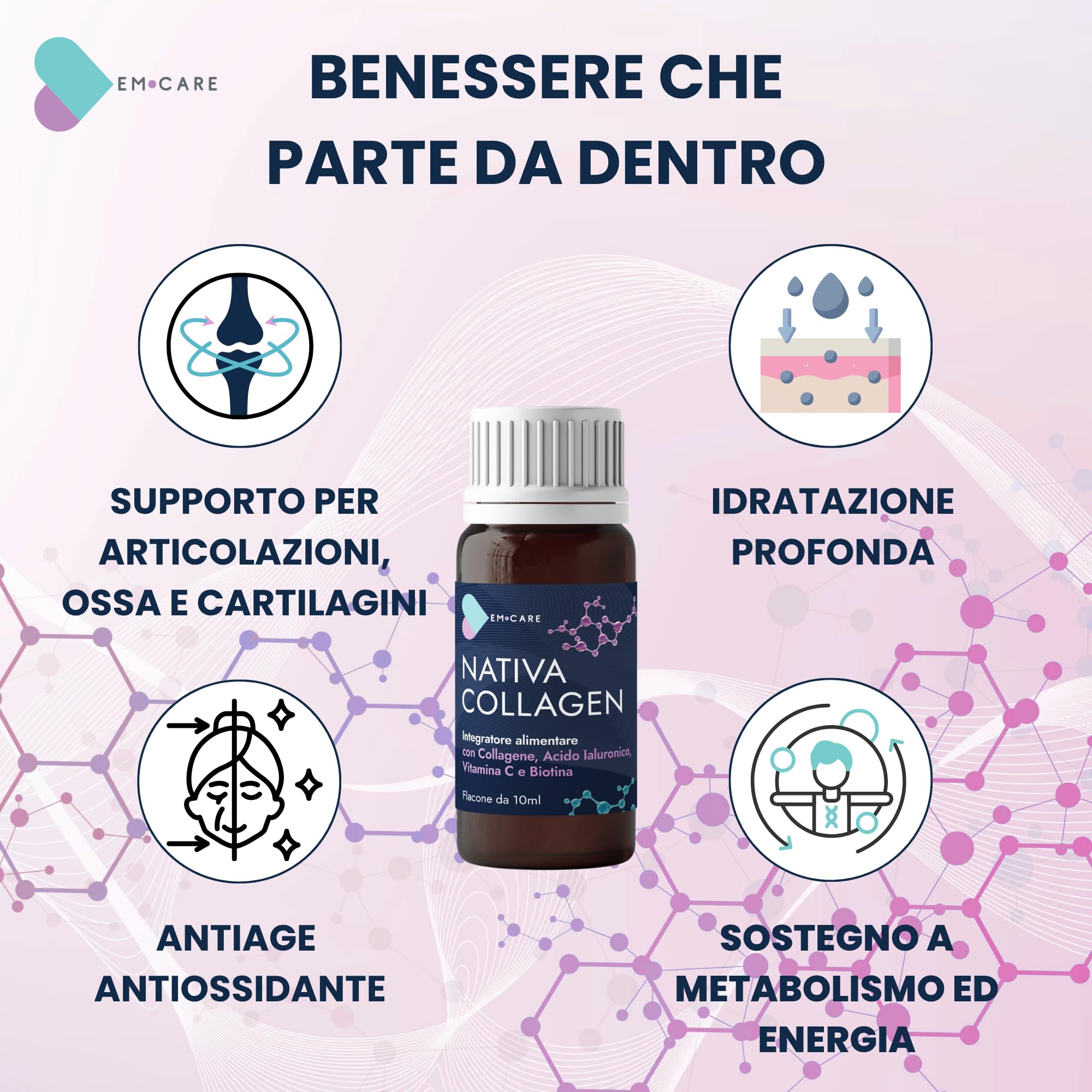 EM CARE Collagene da Bere 5000 mg, 60 Flaconi (2 Mesi) | Collagene Marino Idrolizzato, Con Acido Ialuronico, Vitamina C, Biotina e Zinco, Per Pelle, Capelli, Unghie e Articolazioni