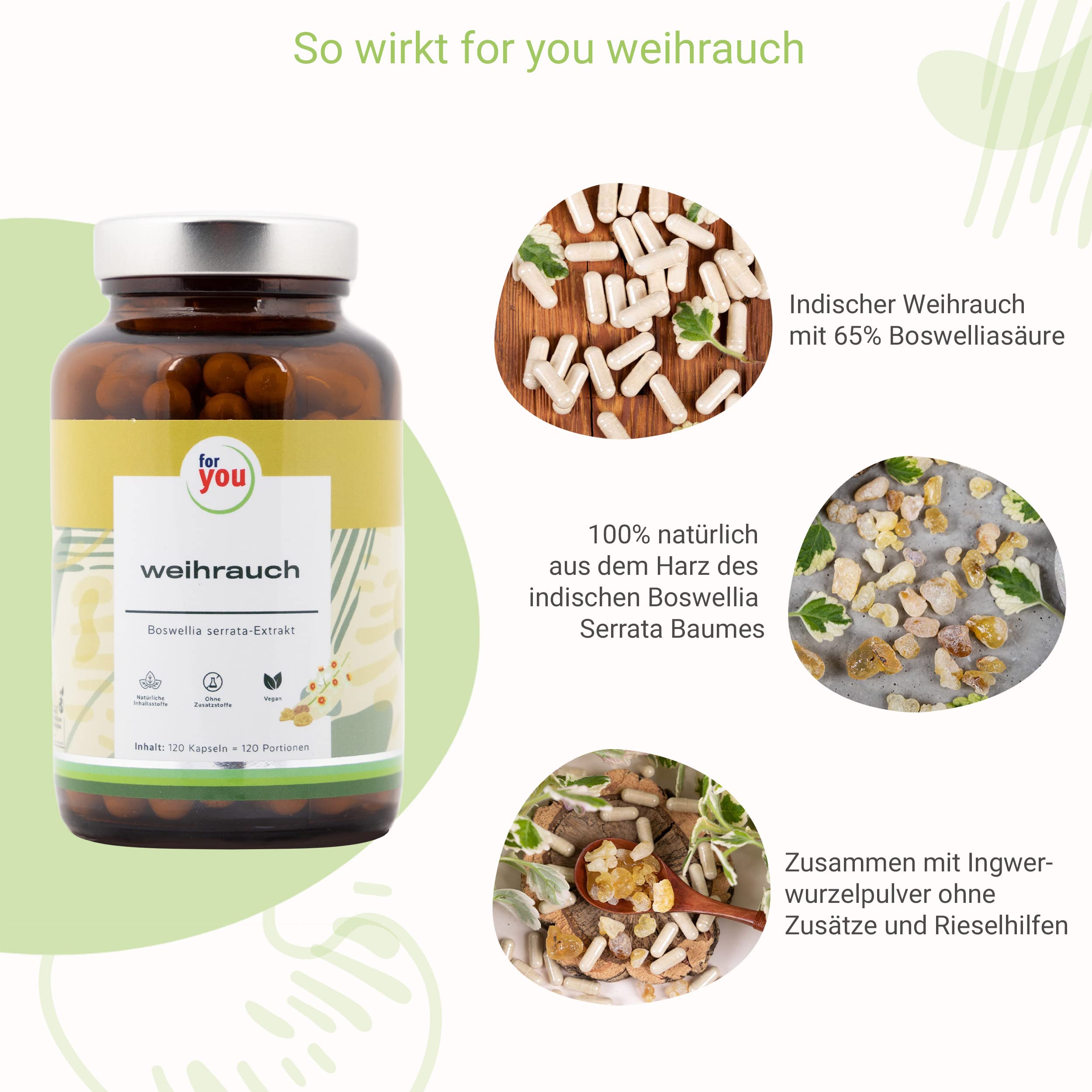 for you Weihrauch Kapseln – 120 Kapseln mit Boswellia Serrata Extrakt, standardisiert auf 65% Boswelliasäuren, plus Ingwerwurzelpulver – 400 mg pro Kapsel
